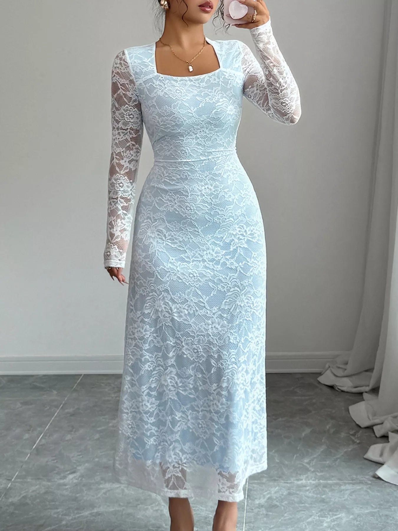 Lace Long Sleeve Square Neck Maxi Dress - MAD RUFFI