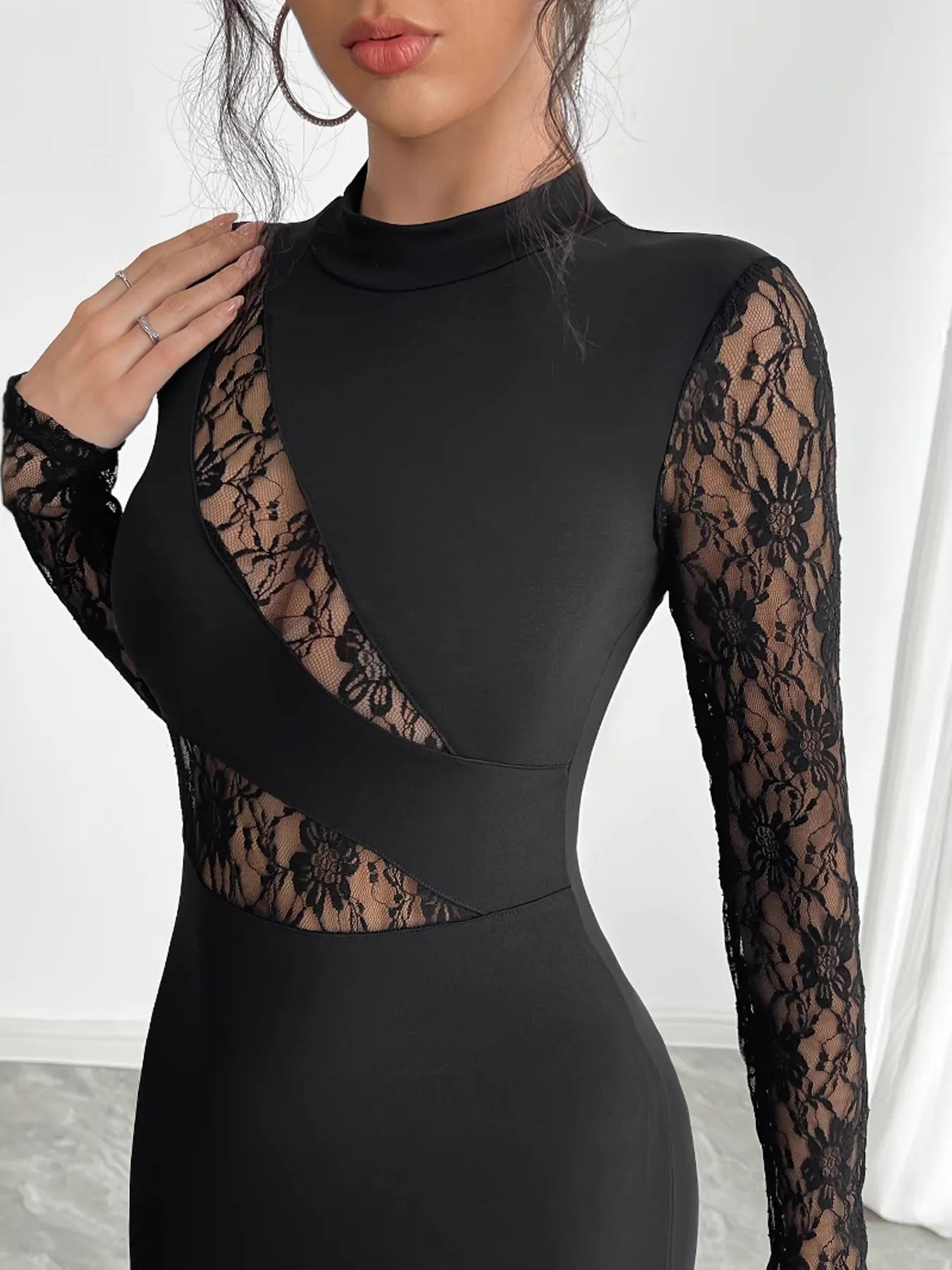 Lace Mock Neck Slit Dress - MAD RUFFI
