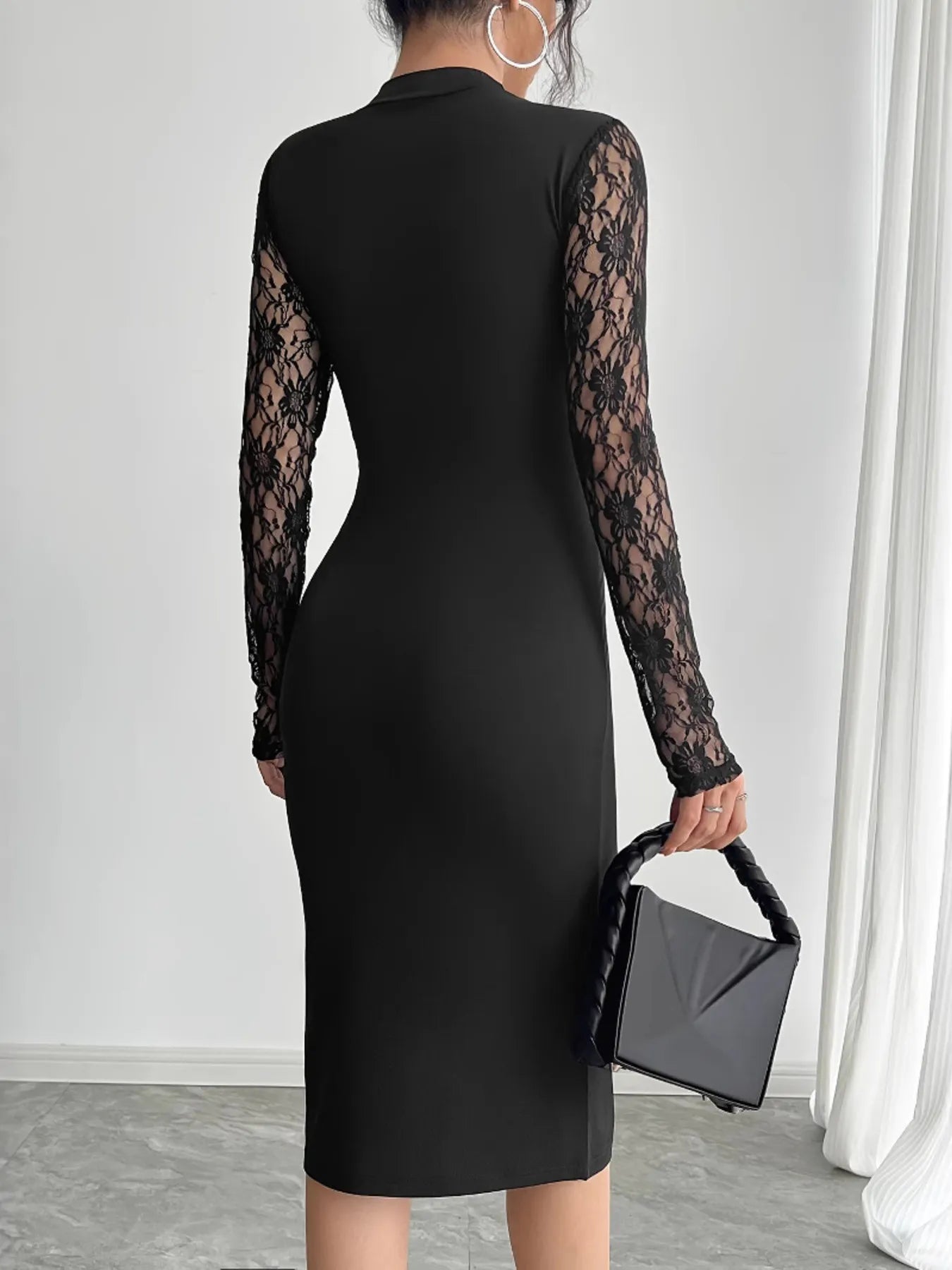Lace Mock Neck Slit Dress - MAD RUFFI