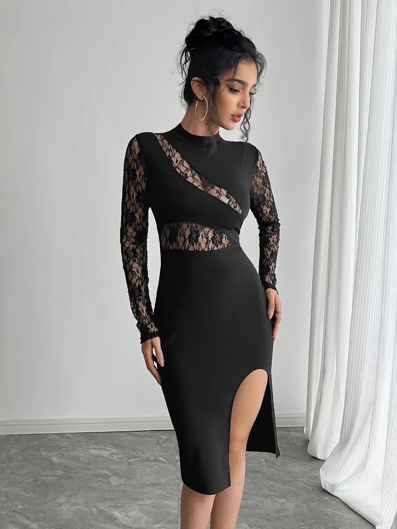 Lace Mock Neck Slit Dress - MAD RUFFI