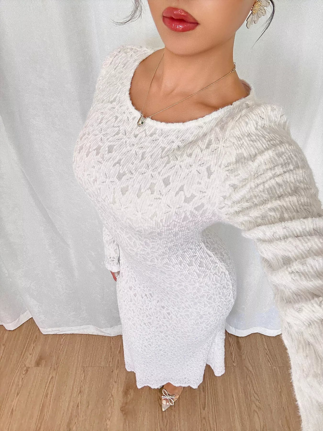 Lace Round Neck Flare Sleeve Dress - MAD RUFFI