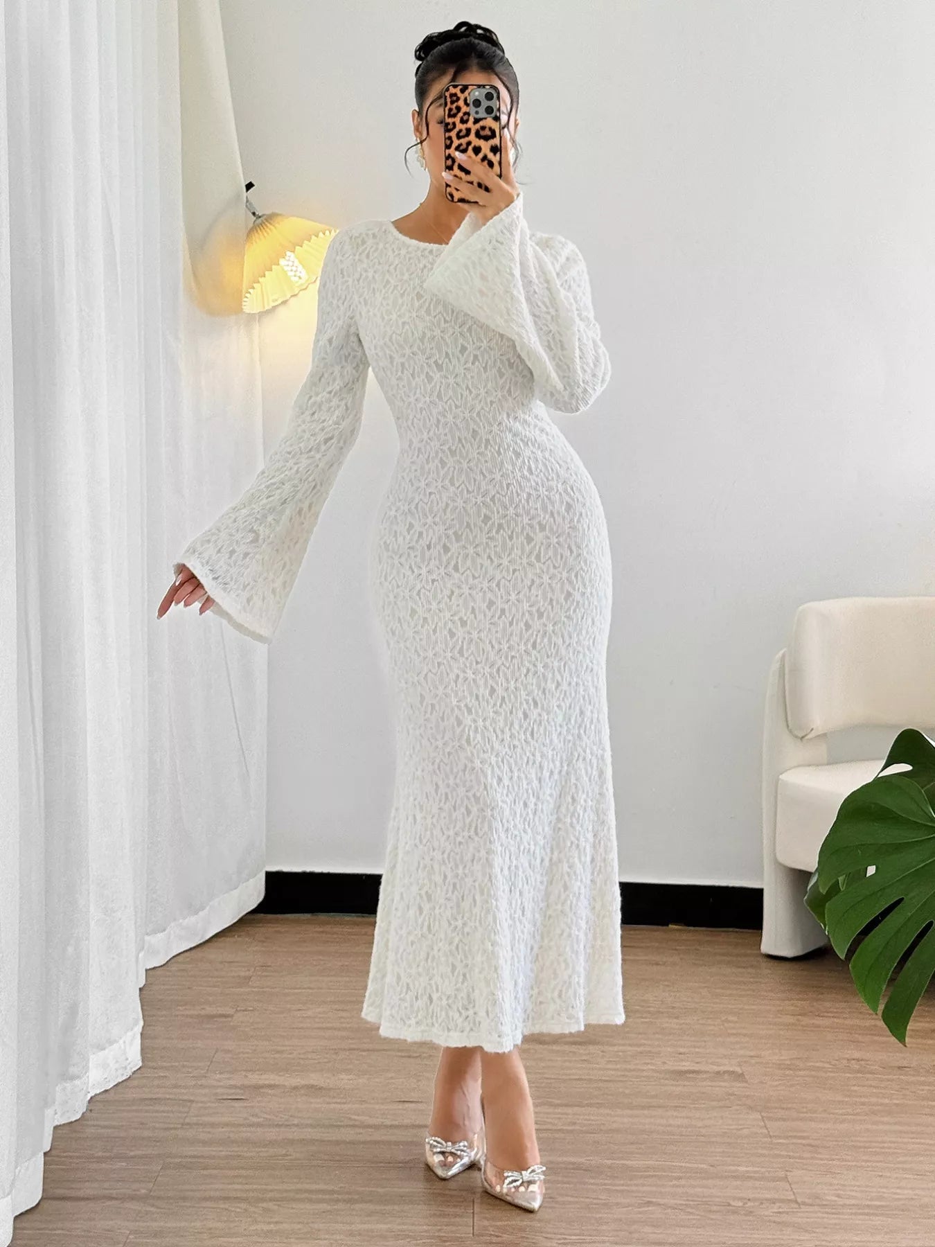 Lace Round Neck Flare Sleeve Dress - MAD RUFFI