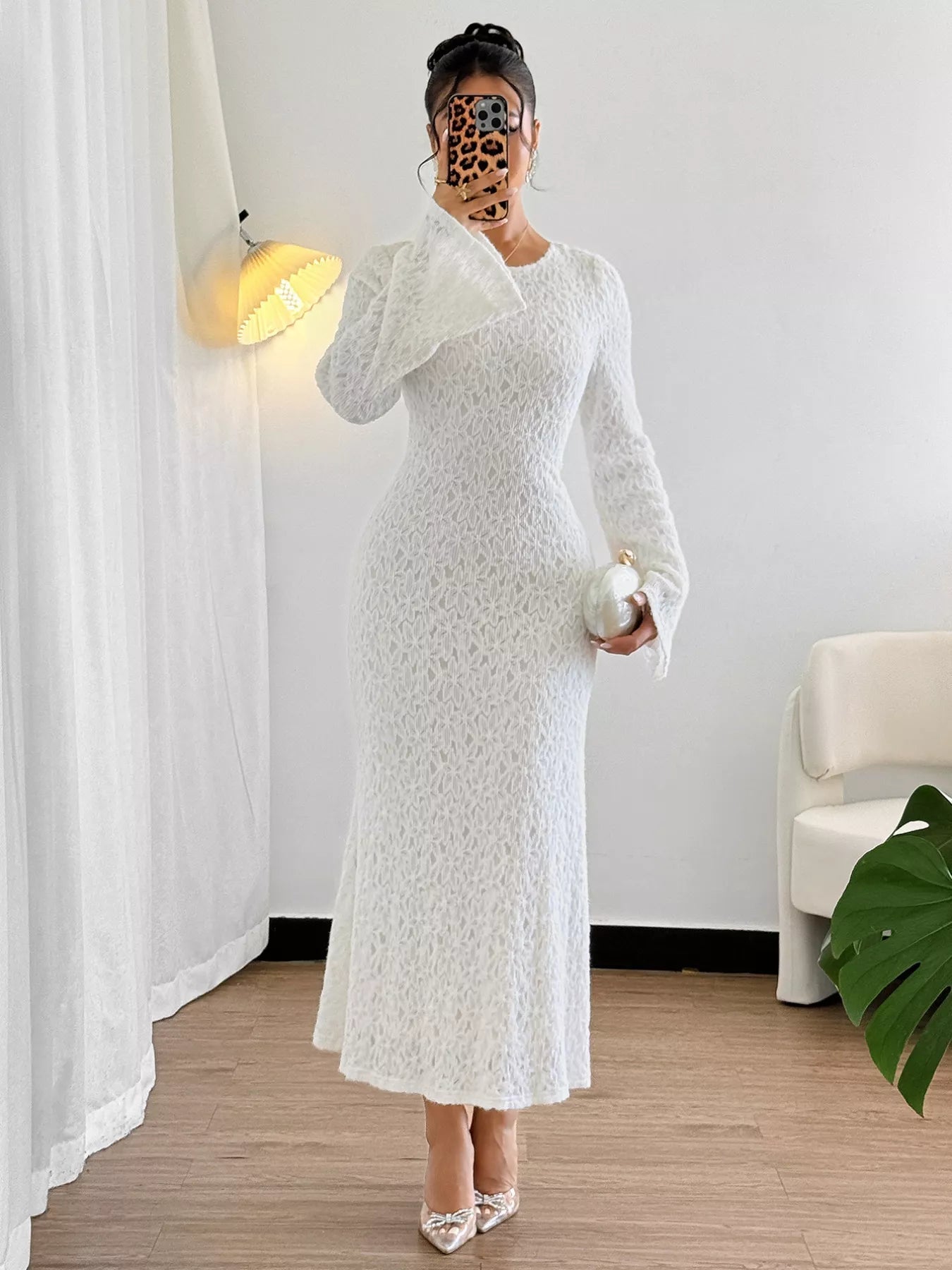 Lace Round Neck Flare Sleeve Dress - MAD RUFFI