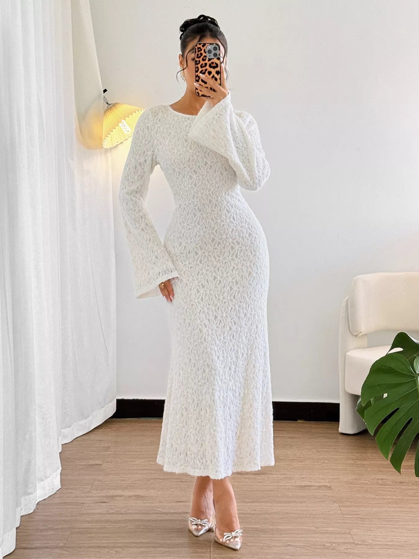 Lace Round Neck Flare Sleeve Dress - MAD RUFFI