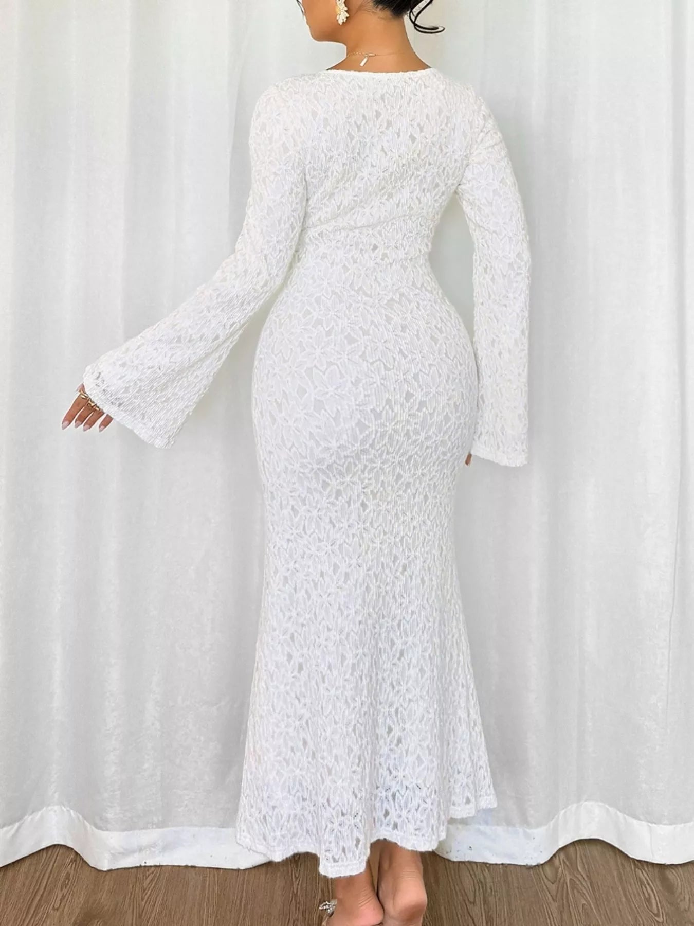 Lace Round Neck Flare Sleeve Dress - MAD RUFFI