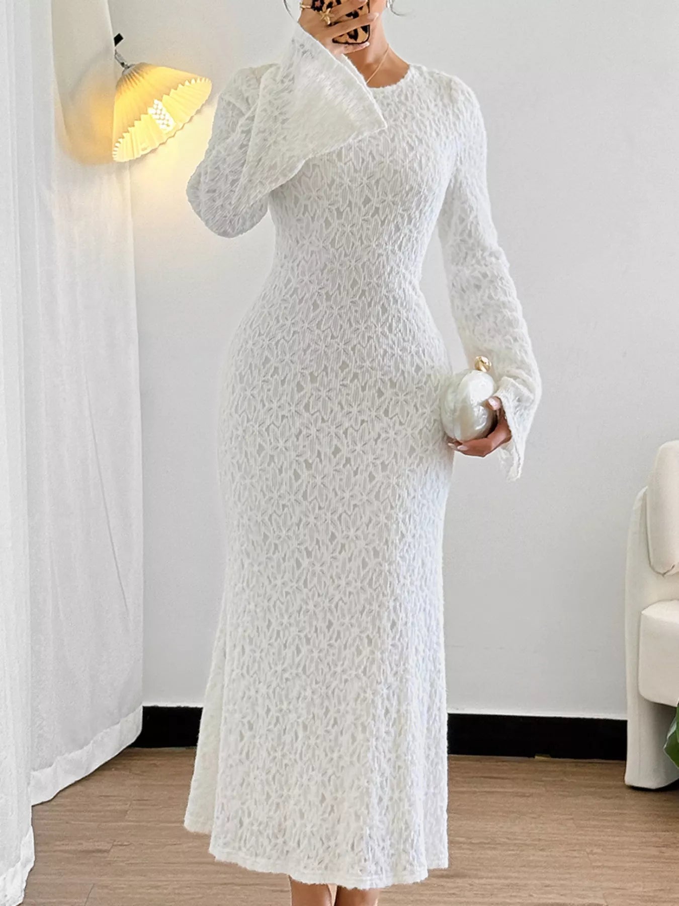 Lace Round Neck Flare Sleeve Dress - MAD RUFFI