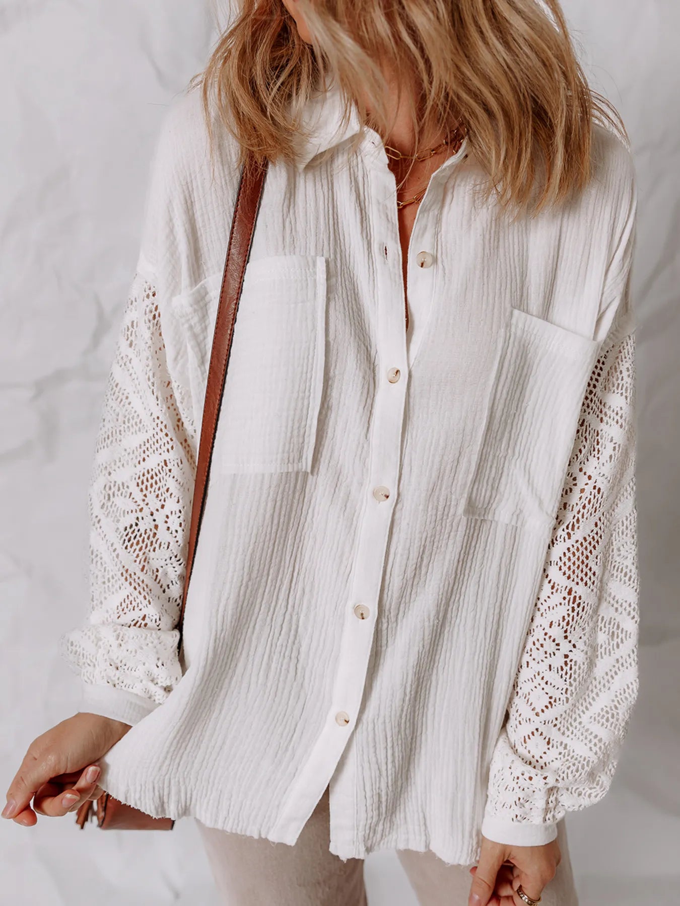 Lace Sleeve Button Down Shirt - MAD RUFFI