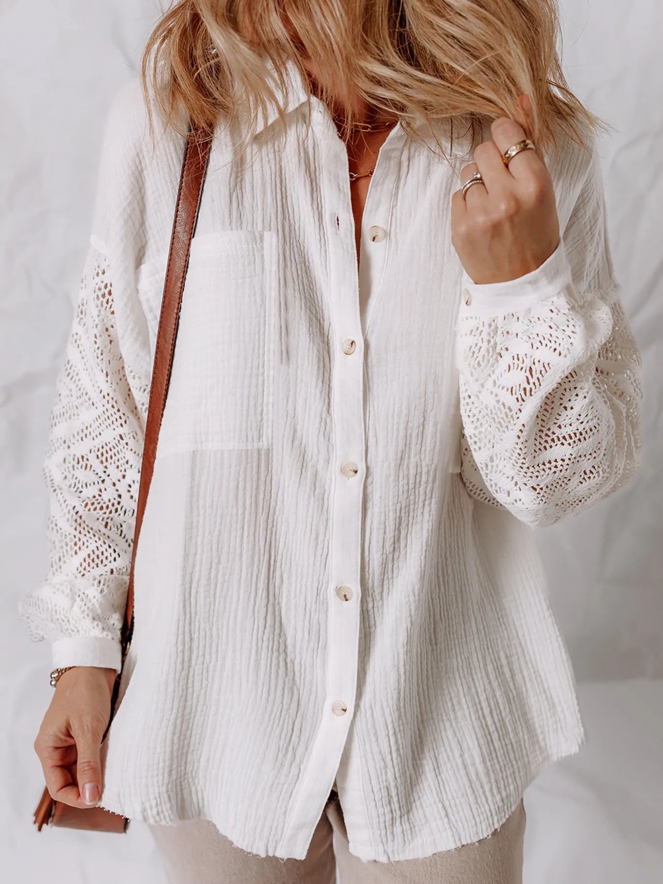 Lace Sleeve Button Down Shirt - MAD RUFFI