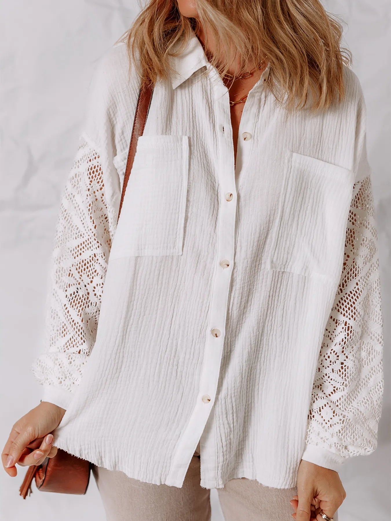Lace Sleeve Button Down Shirt - MAD RUFFI