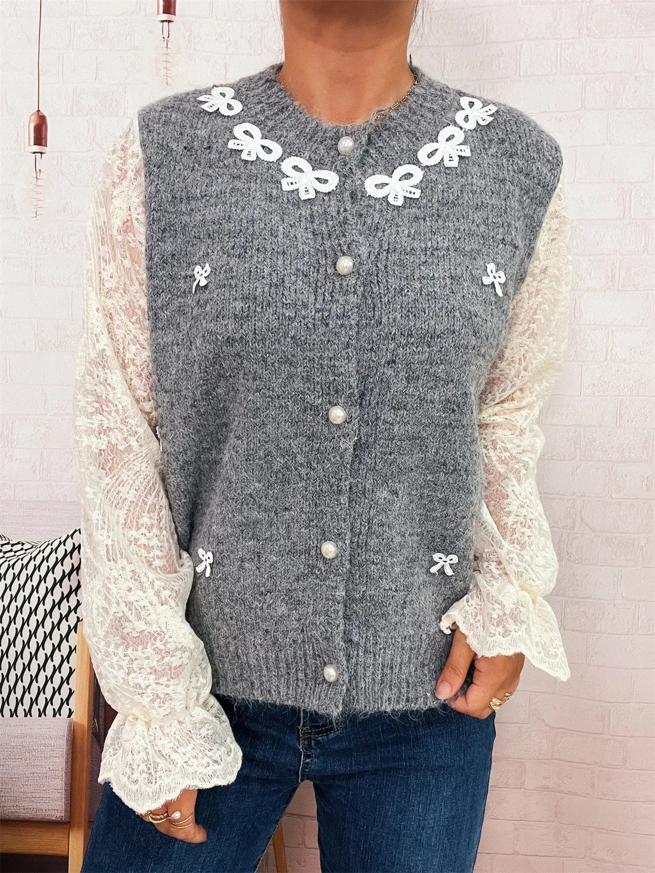 Lace Sleeve Button - Up Cardigan - MAD RUFFI