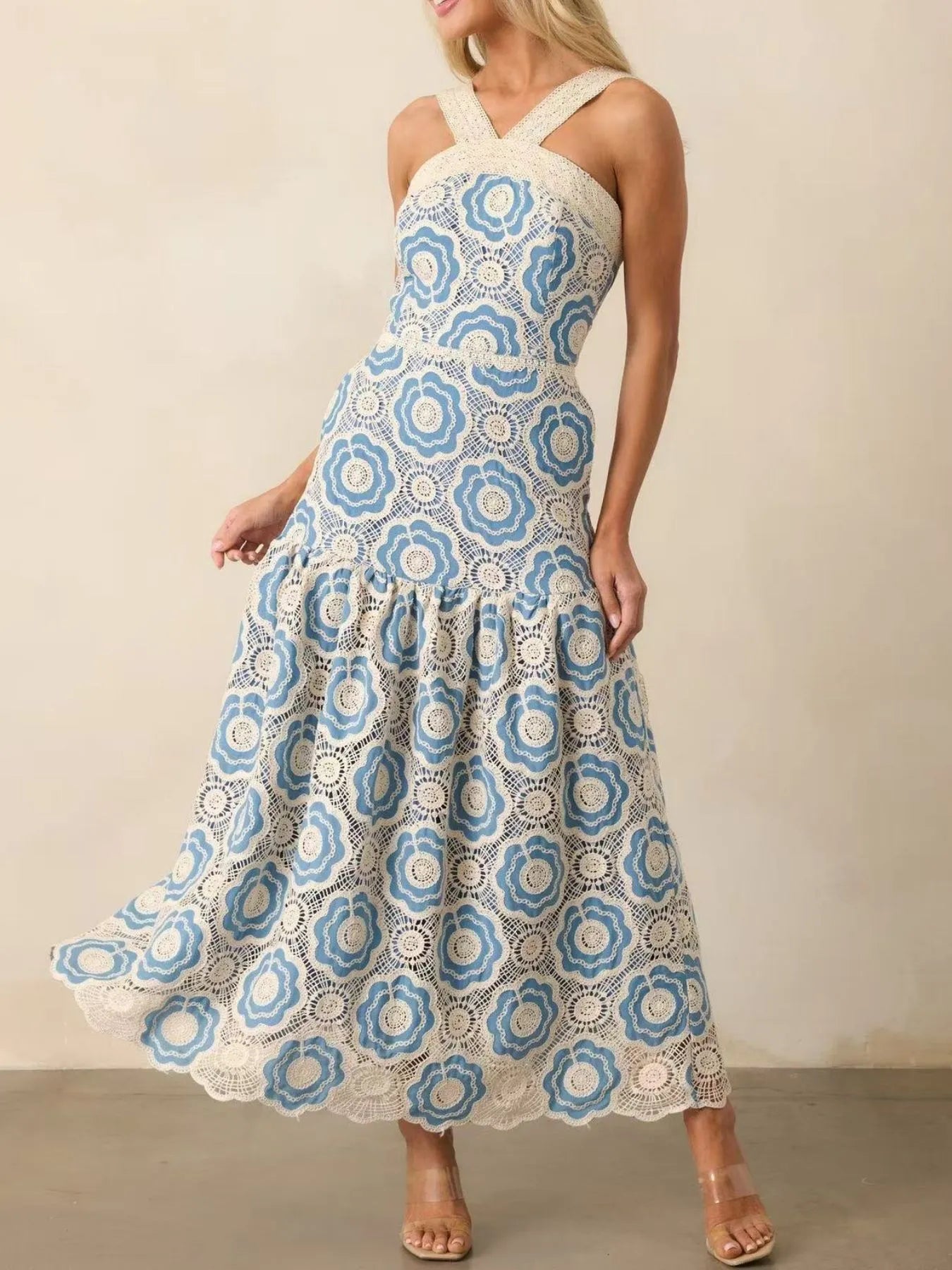 Lace Sleeveless Tiered Midi Dress - MAD RUFFI