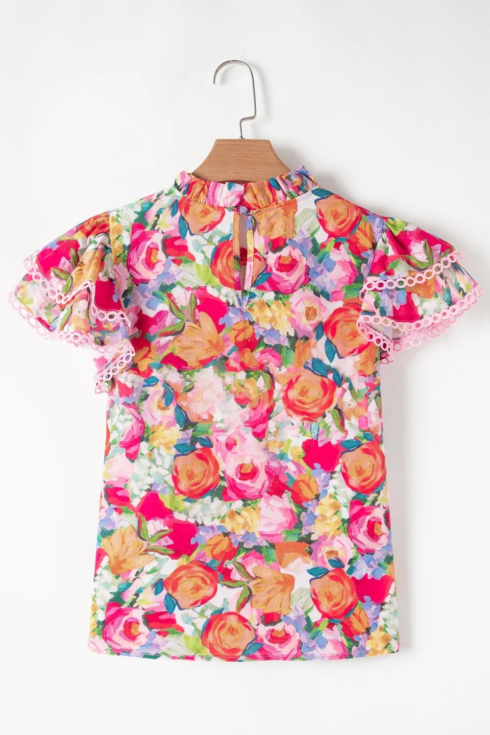 Lace Trim Ruffle Cap Sleeve Floral Blouse - MAD RUFFI