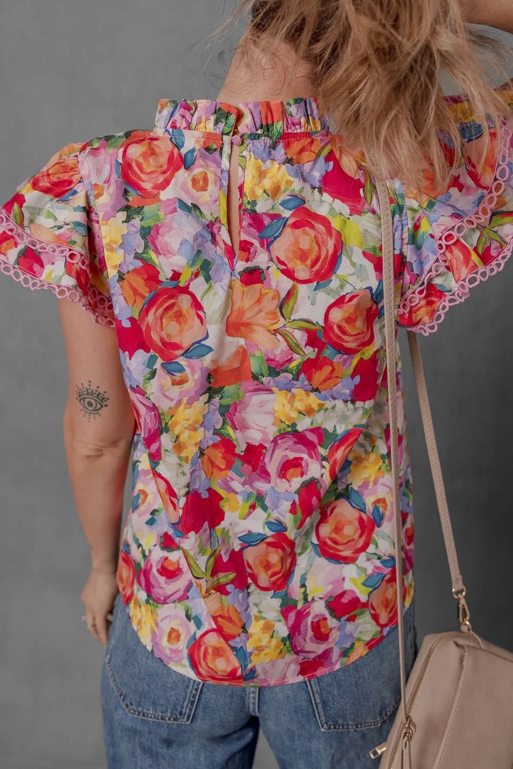 Lace Trim Ruffle Cap Sleeve Floral Blouse - MAD RUFFI