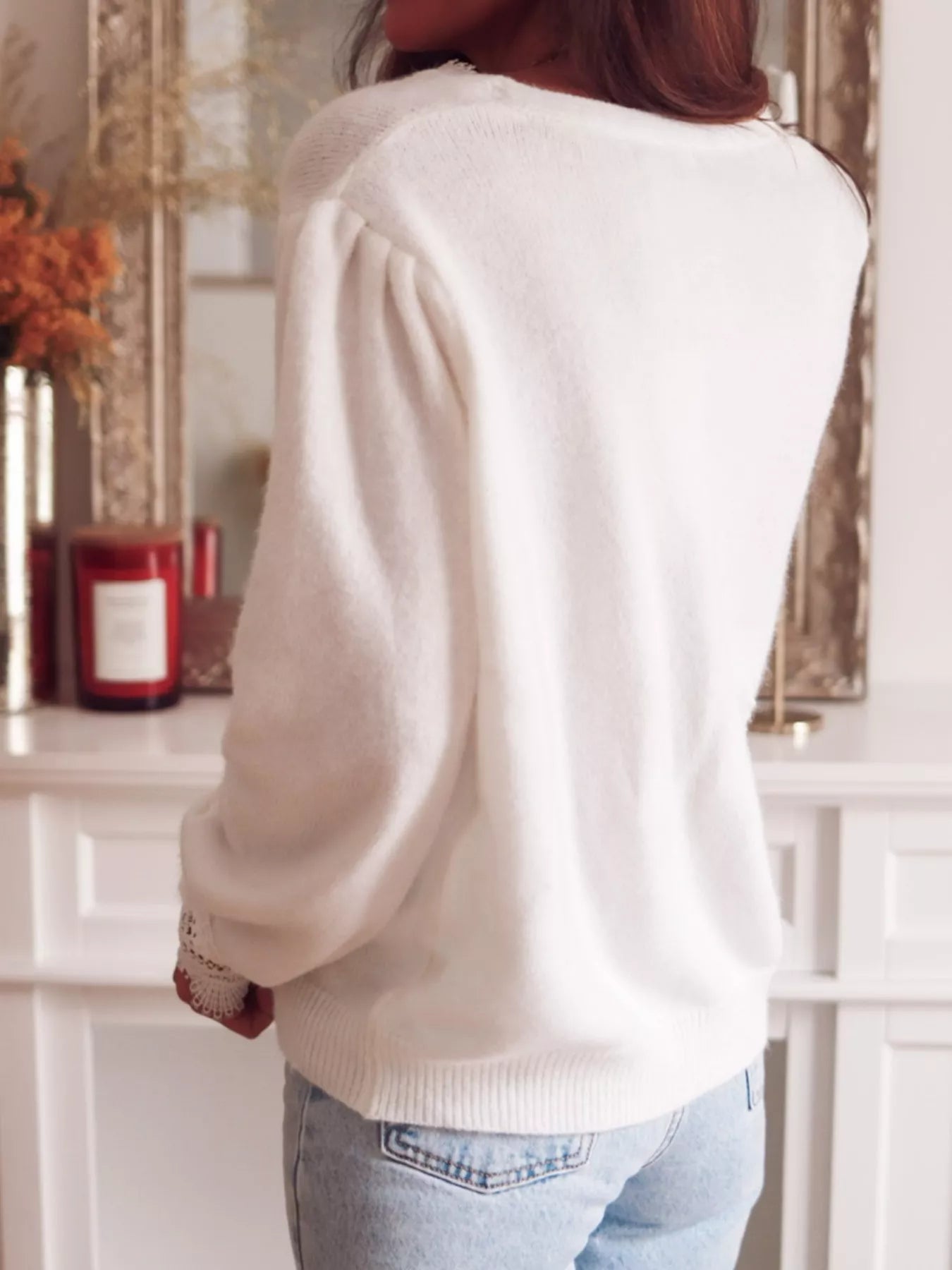 Lace Trim V - Neck Cardigan - MAD RUFFI