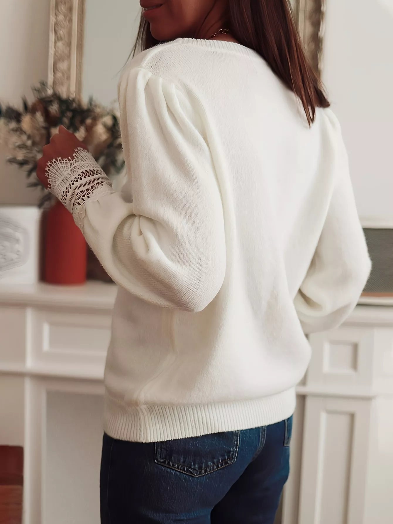 Lace Trim V - Neck Sweater - MAD RUFFI