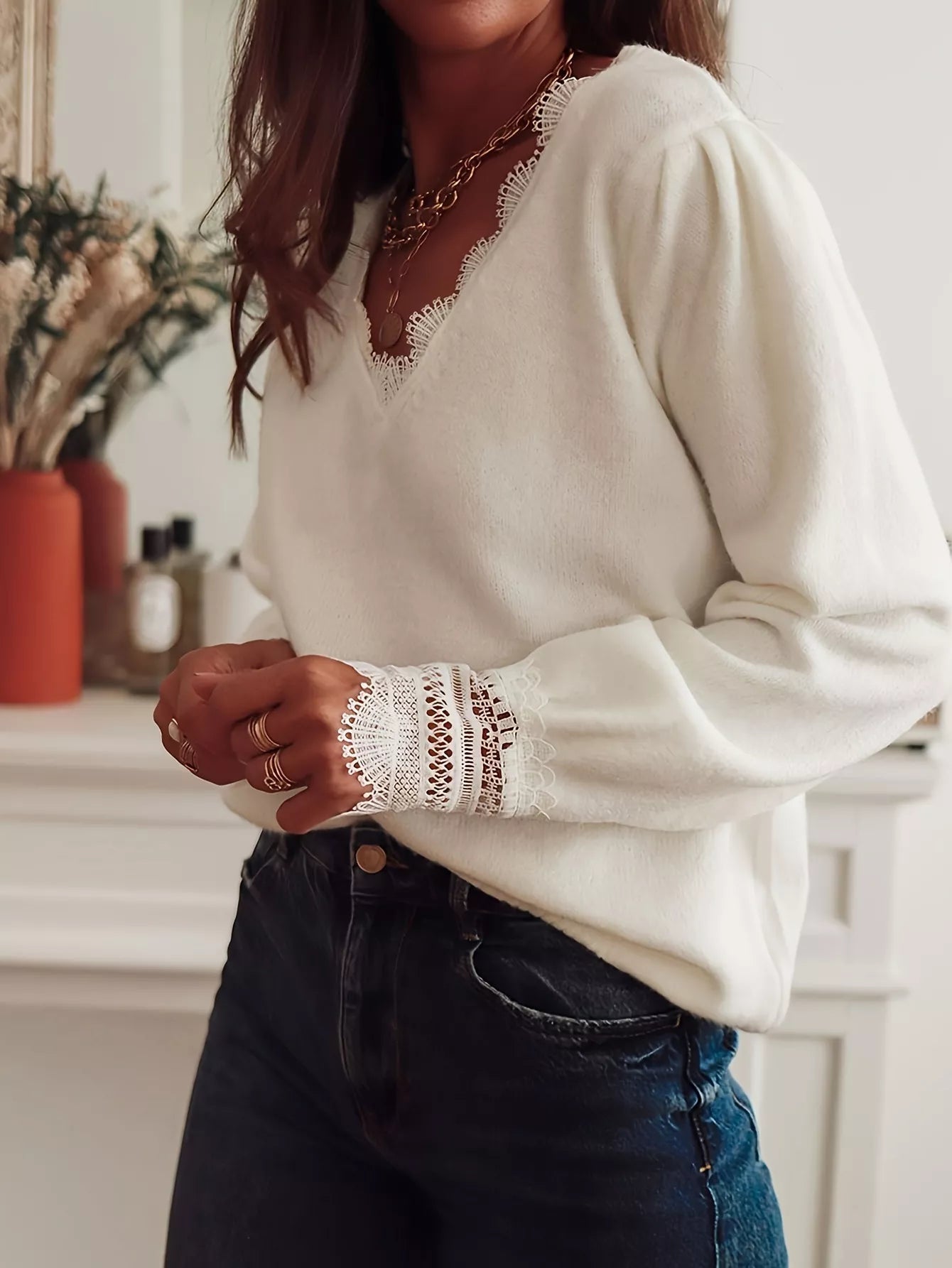 Lace Trim V - Neck Sweater - MAD RUFFI