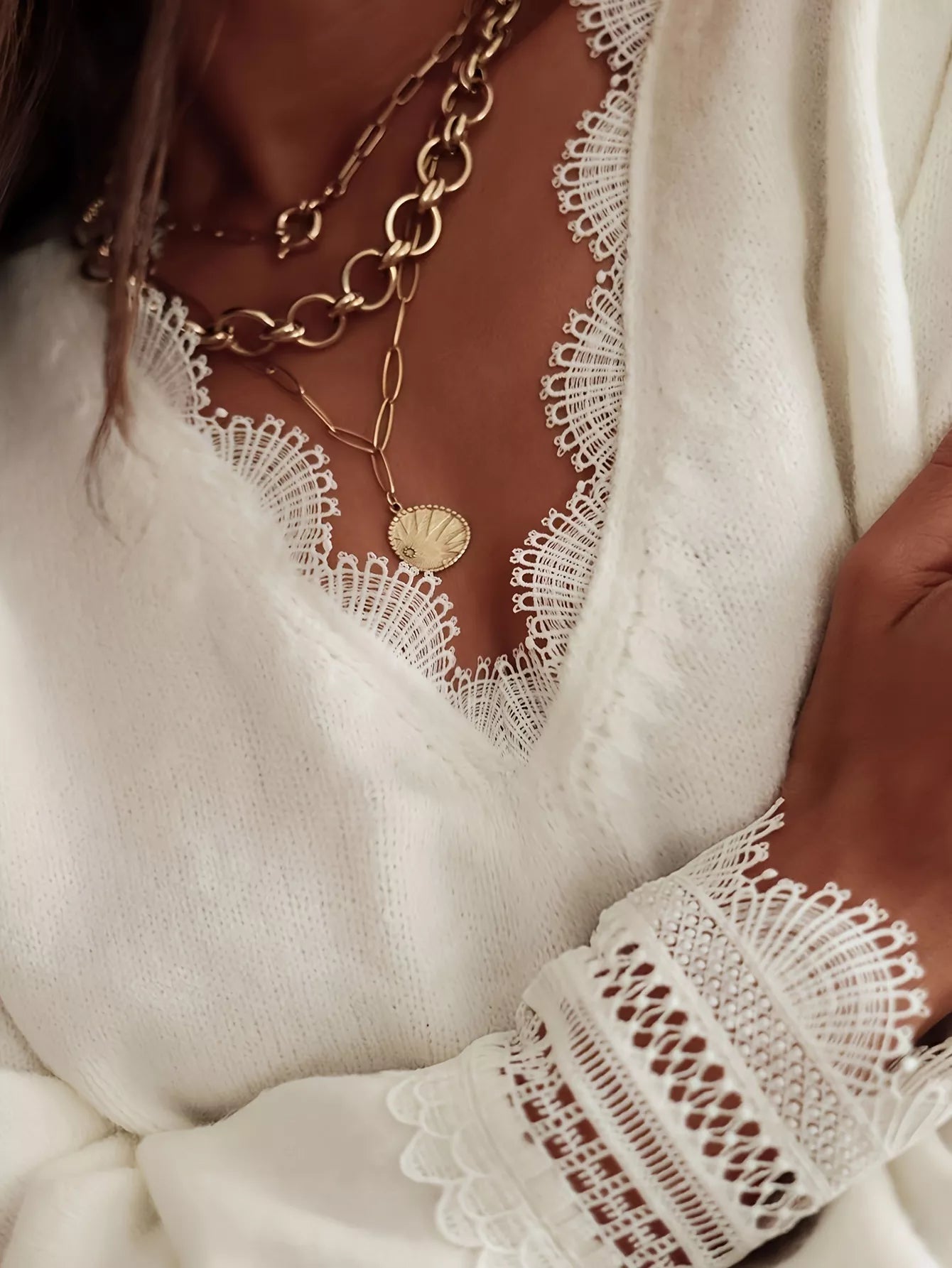 Lace Trim V - Neck Sweater - MAD RUFFI