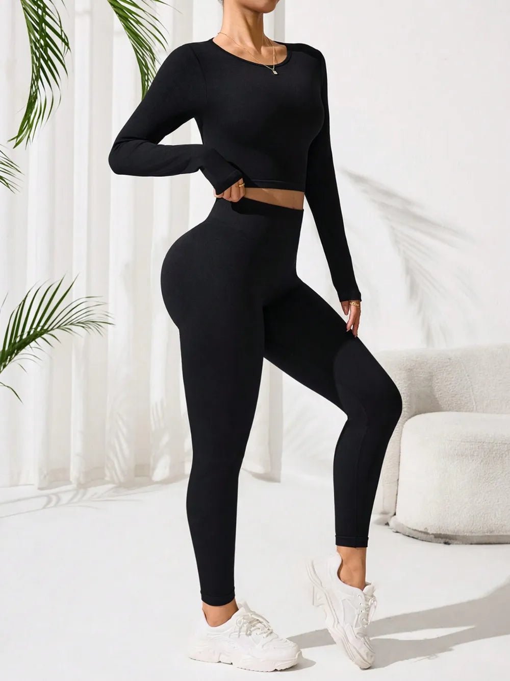 Lace - Up Back Round Neck Top and Leggings Active Set - MAD RUFFI