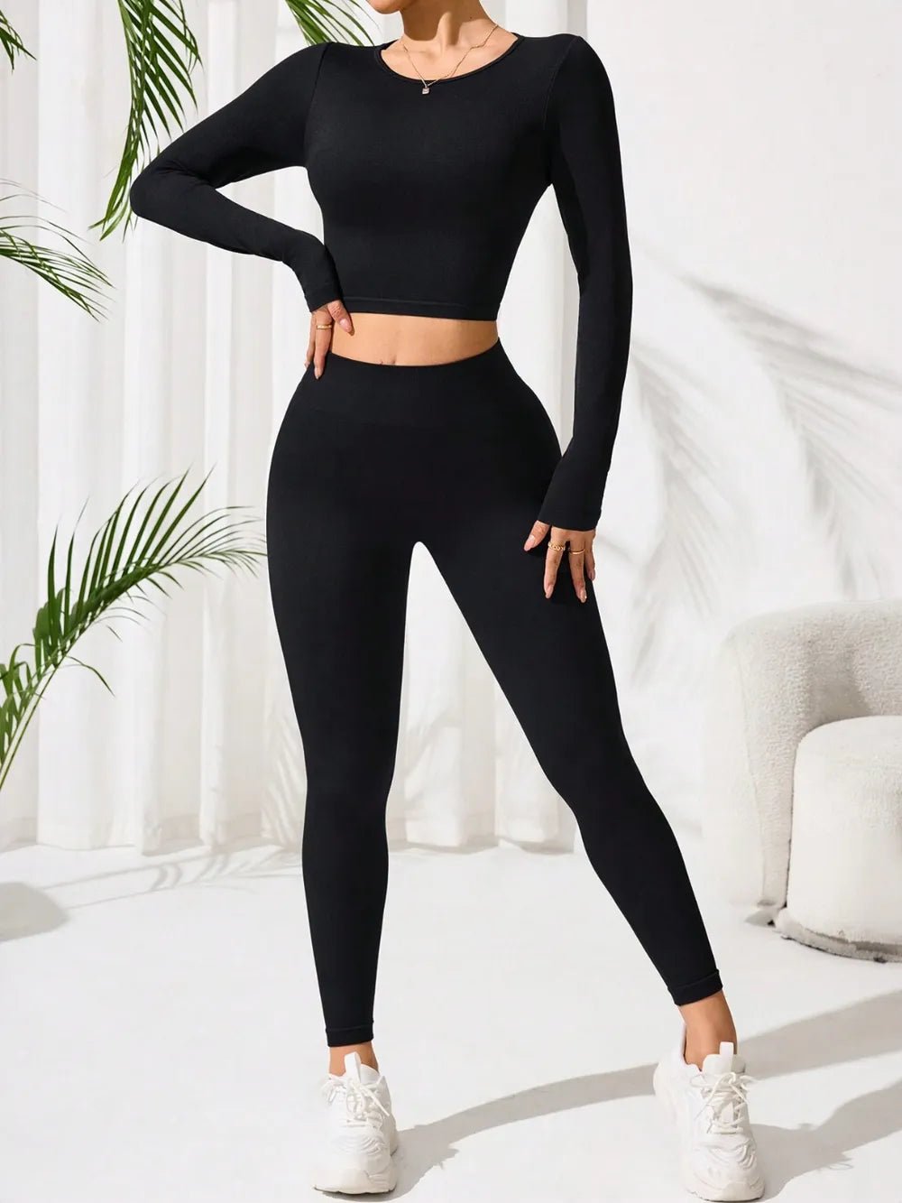 Lace - Up Back Round Neck Top and Leggings Active Set - MAD RUFFI