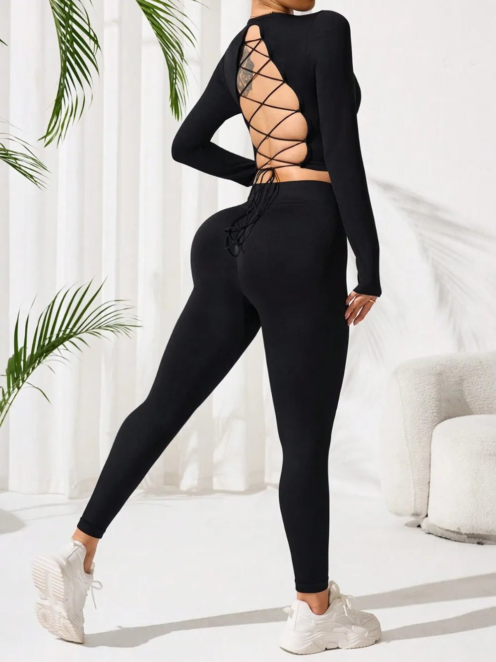 Lace - Up Back Round Neck Top and Leggings Active Set - MAD RUFFI
