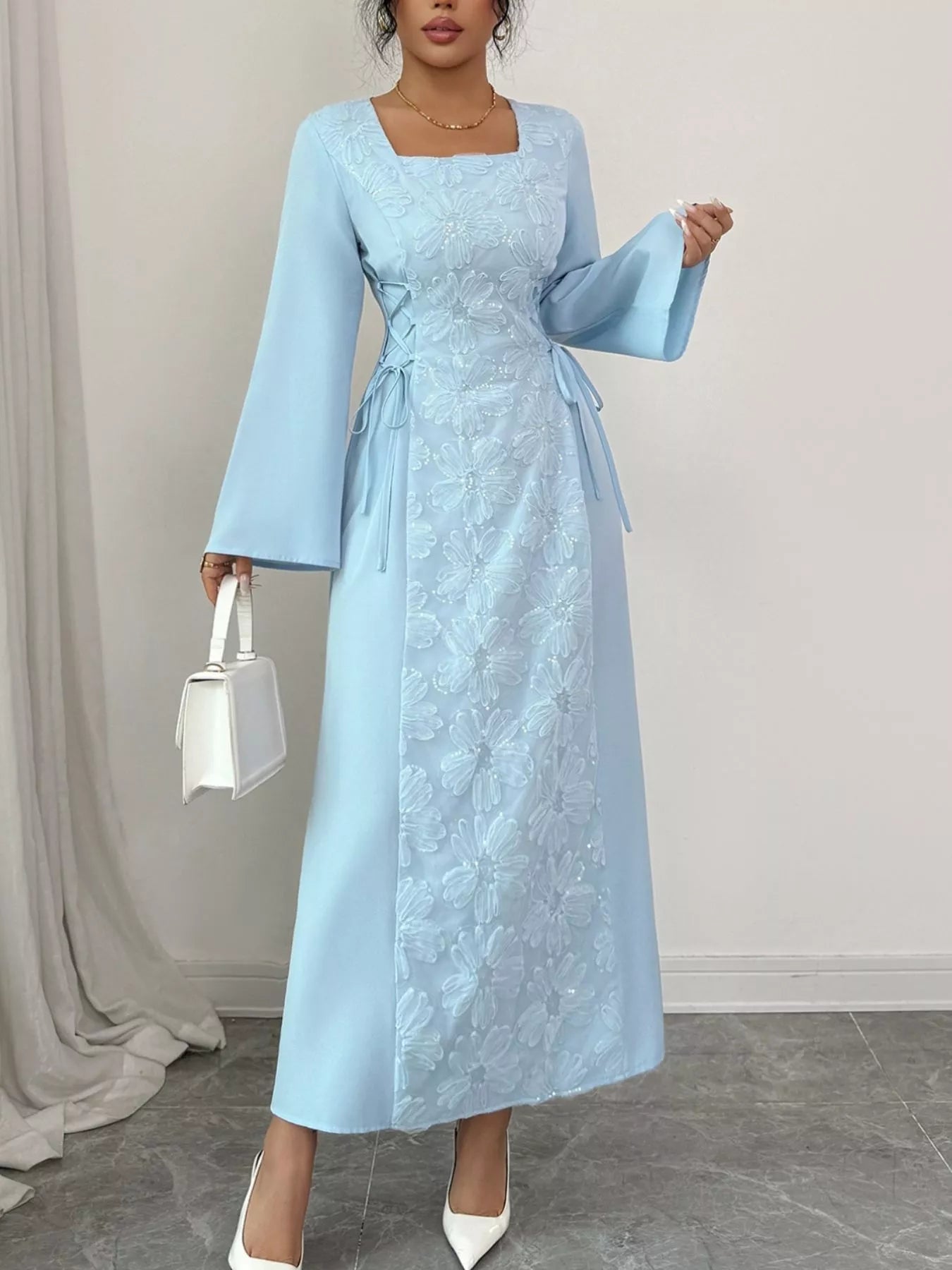 Lace Up Square Neck Long Sleeve Maxi Dress - MAD RUFFI