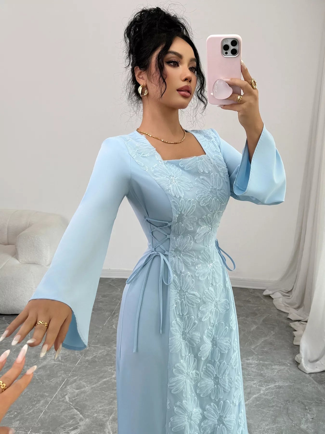 Lace Up Square Neck Long Sleeve Maxi Dress - MAD RUFFI