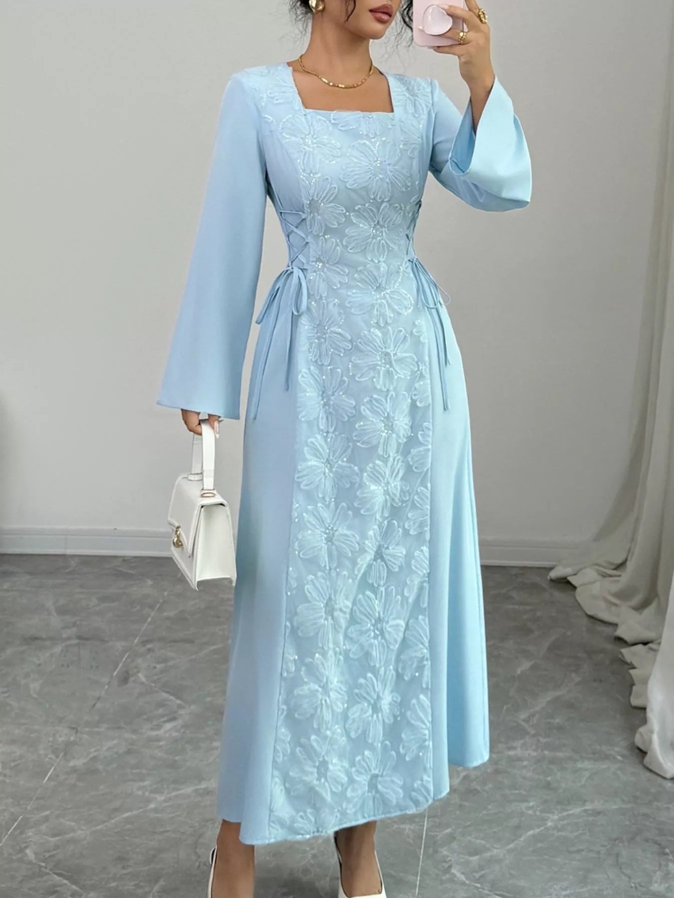 Lace Up Square Neck Long Sleeve Maxi Dress - MAD RUFFI