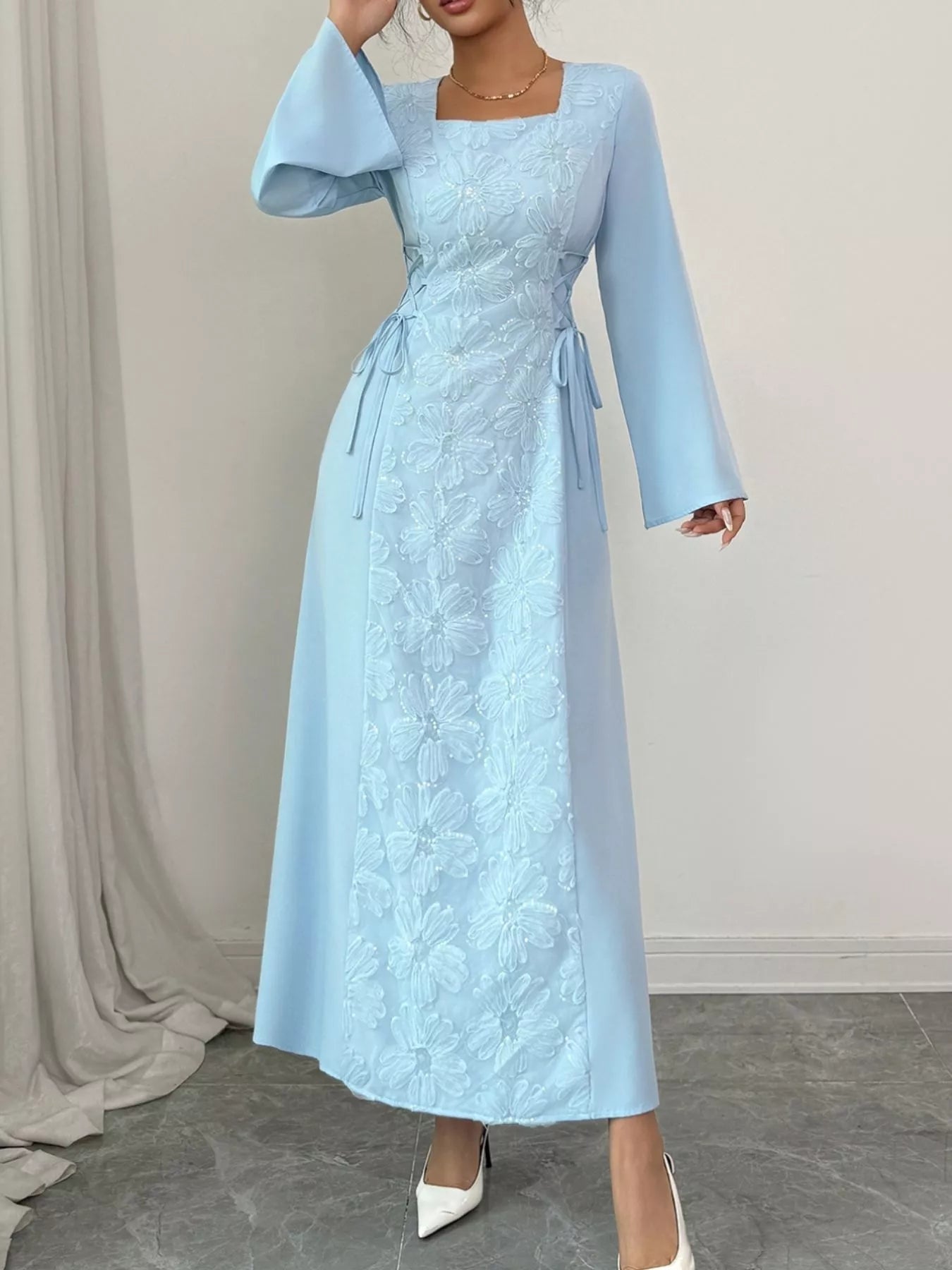 Lace Up Square Neck Long Sleeve Maxi Dress - MAD RUFFI