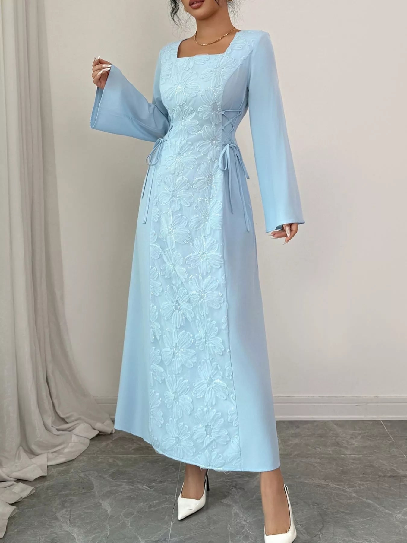 Lace Up Square Neck Long Sleeve Maxi Dress - MAD RUFFI