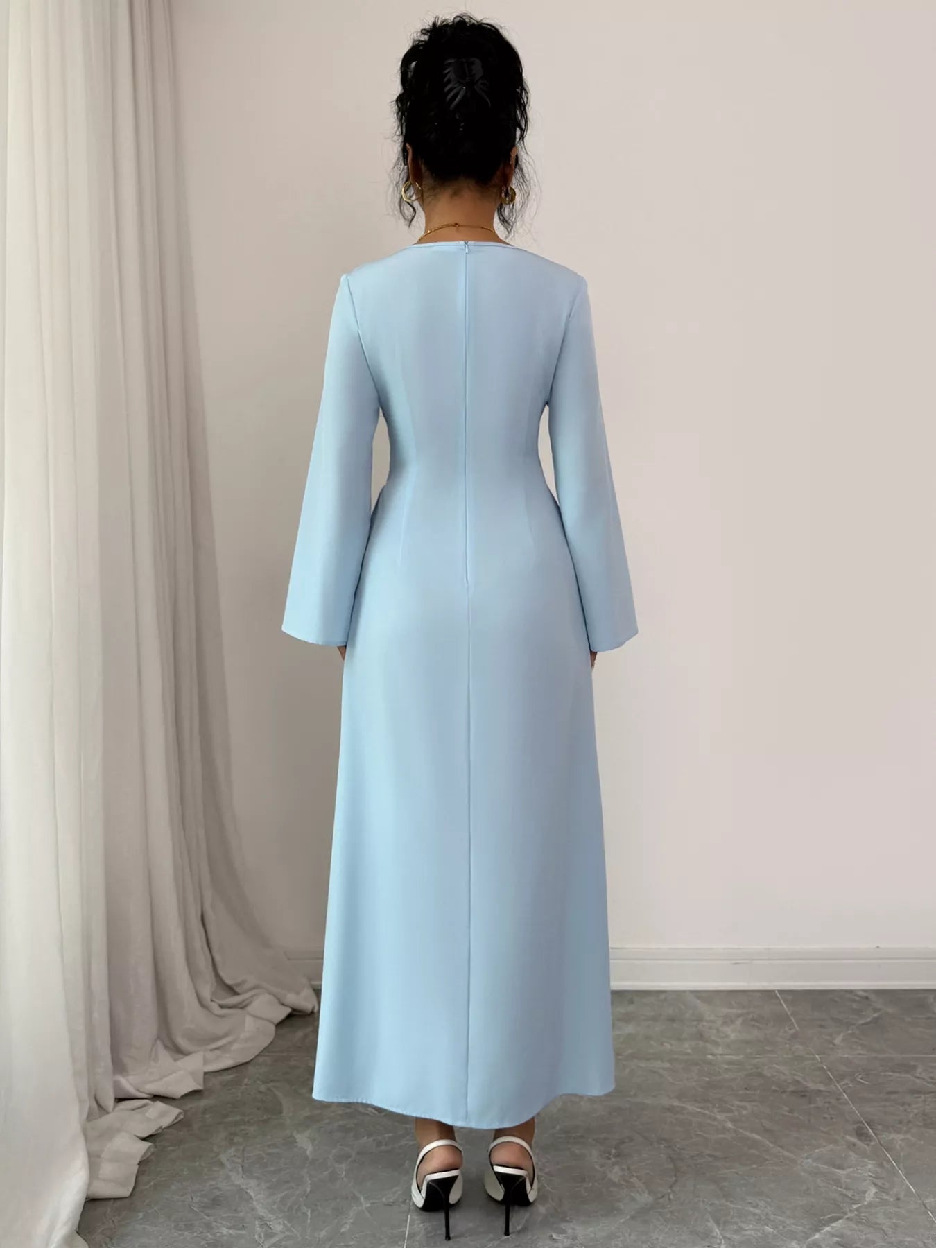 Lace Up Square Neck Long Sleeve Maxi Dress - MAD RUFFI