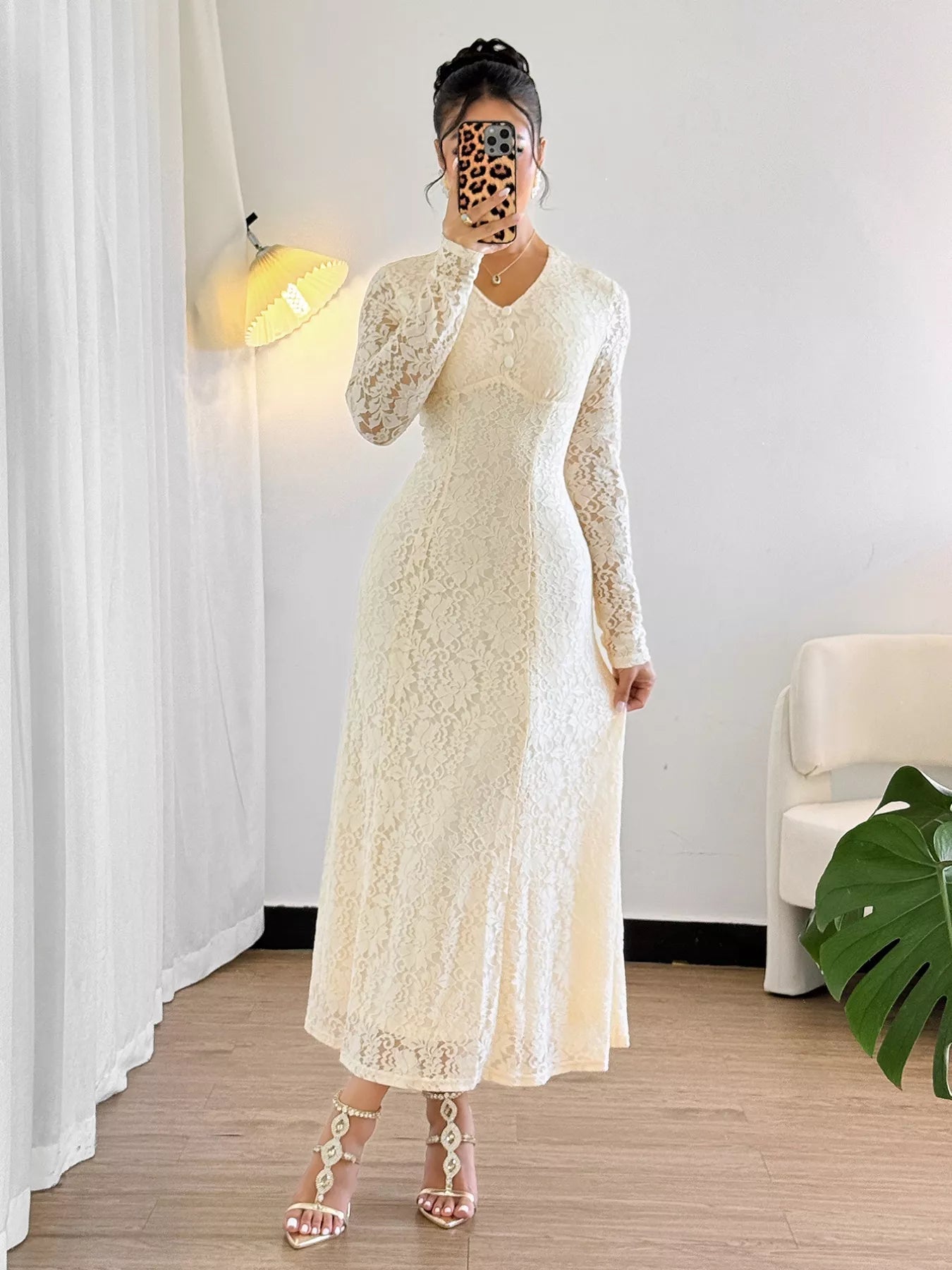 Lace V - Neck Long Sleeve Dress - MAD RUFFI