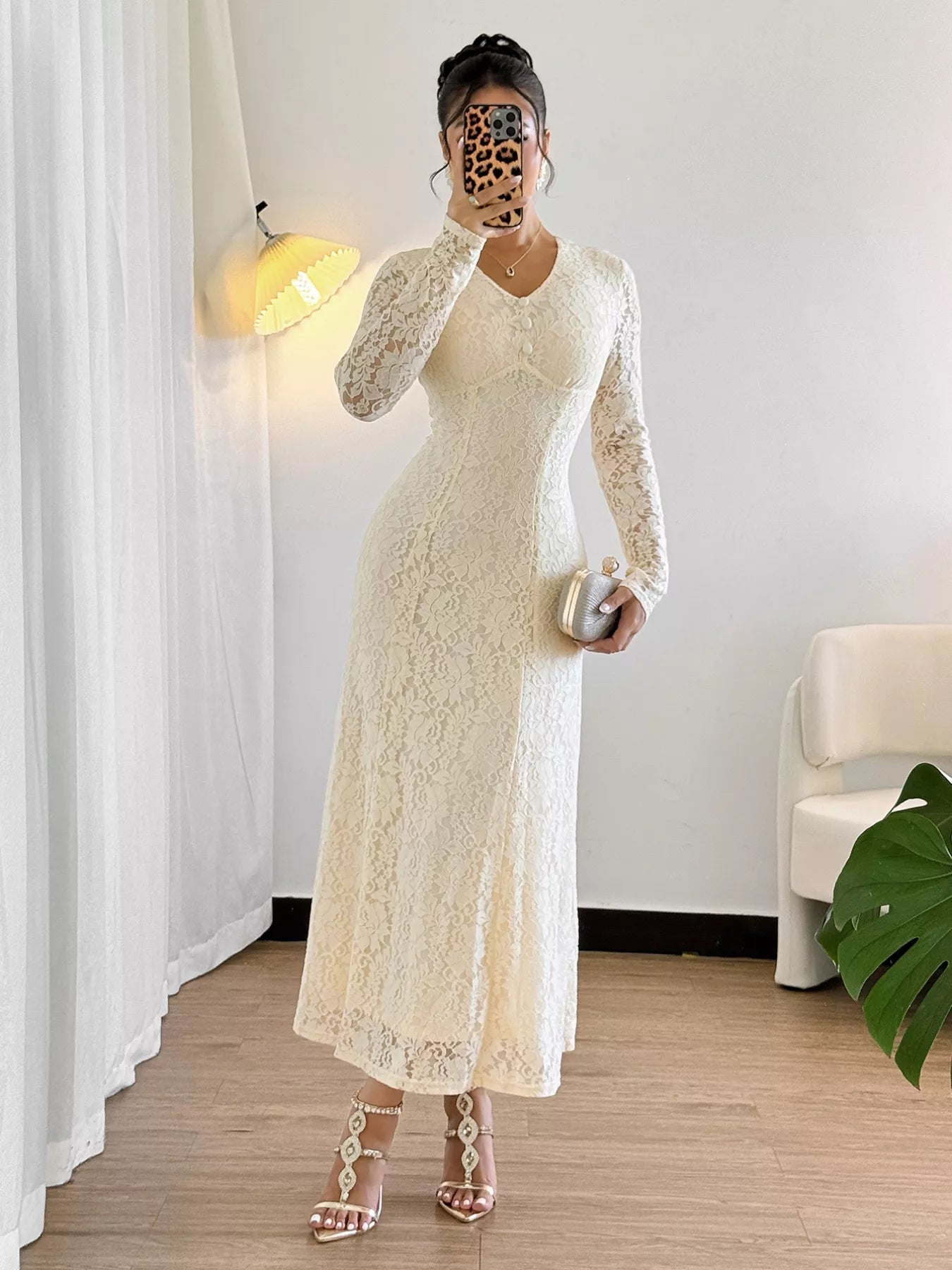 Lace V - Neck Long Sleeve Dress - MAD RUFFI