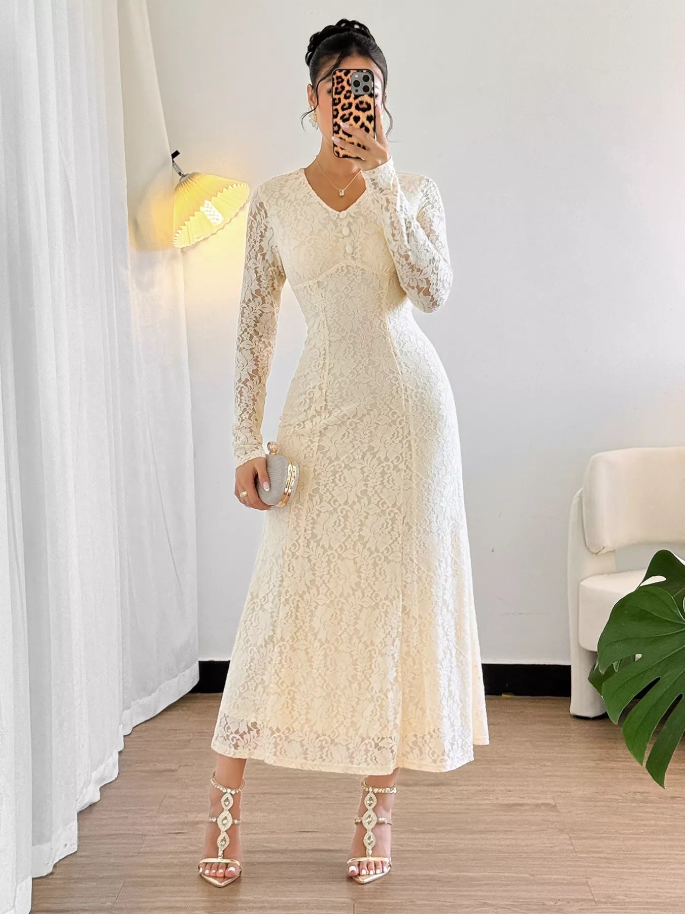 Lace V - Neck Long Sleeve Dress - MAD RUFFI