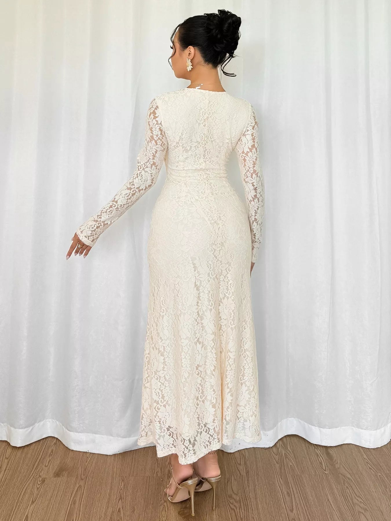 Lace V - Neck Long Sleeve Dress - MAD RUFFI