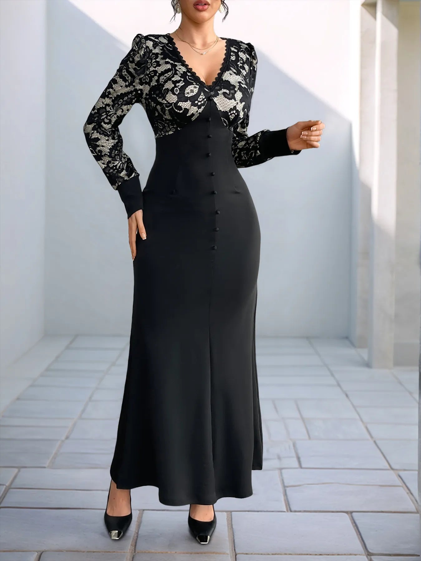 Lace V - Neck Long Sleeve Maxi Dress - MAD RUFFI