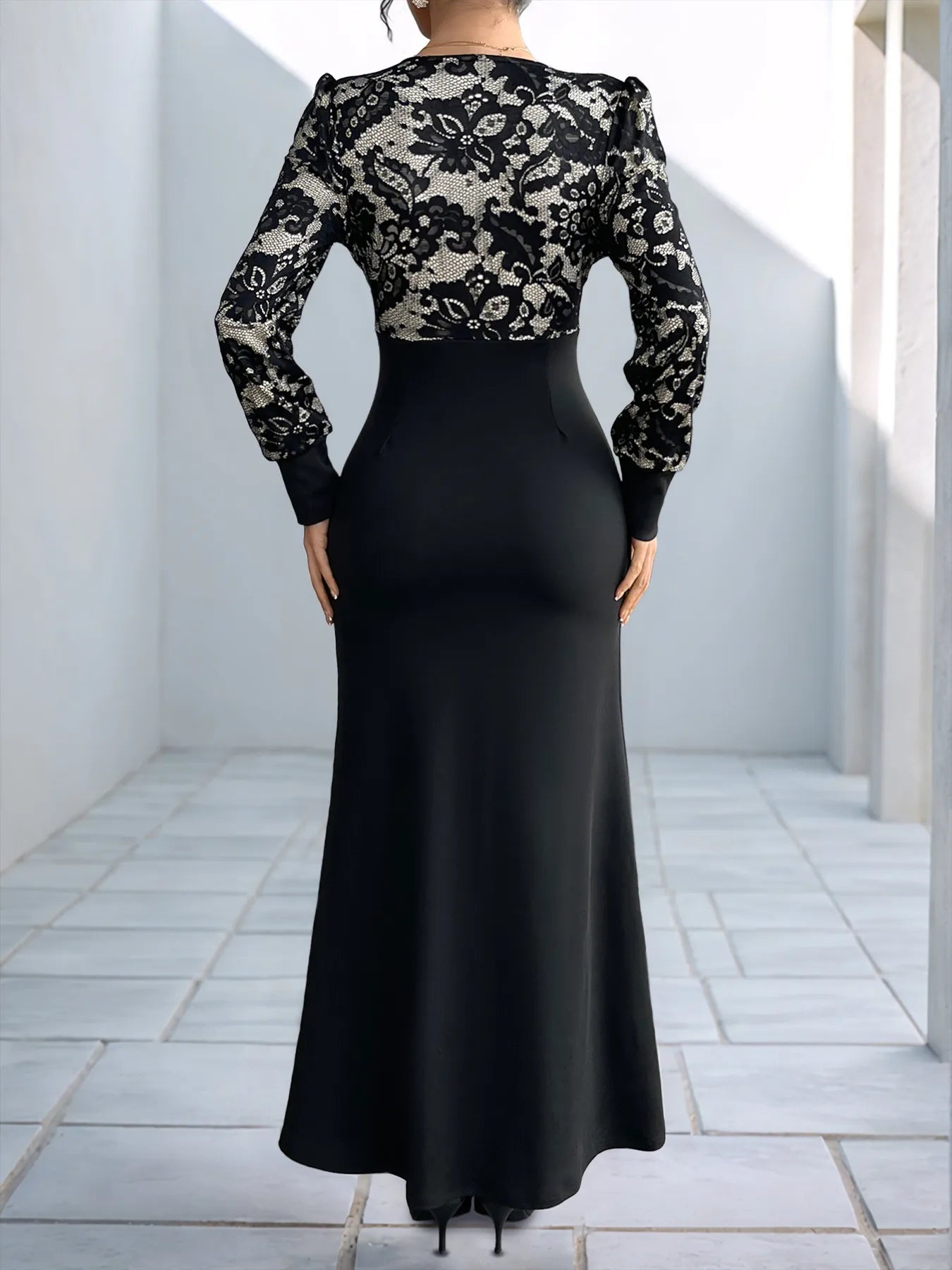 Lace V - Neck Long Sleeve Maxi Dress - MAD RUFFI