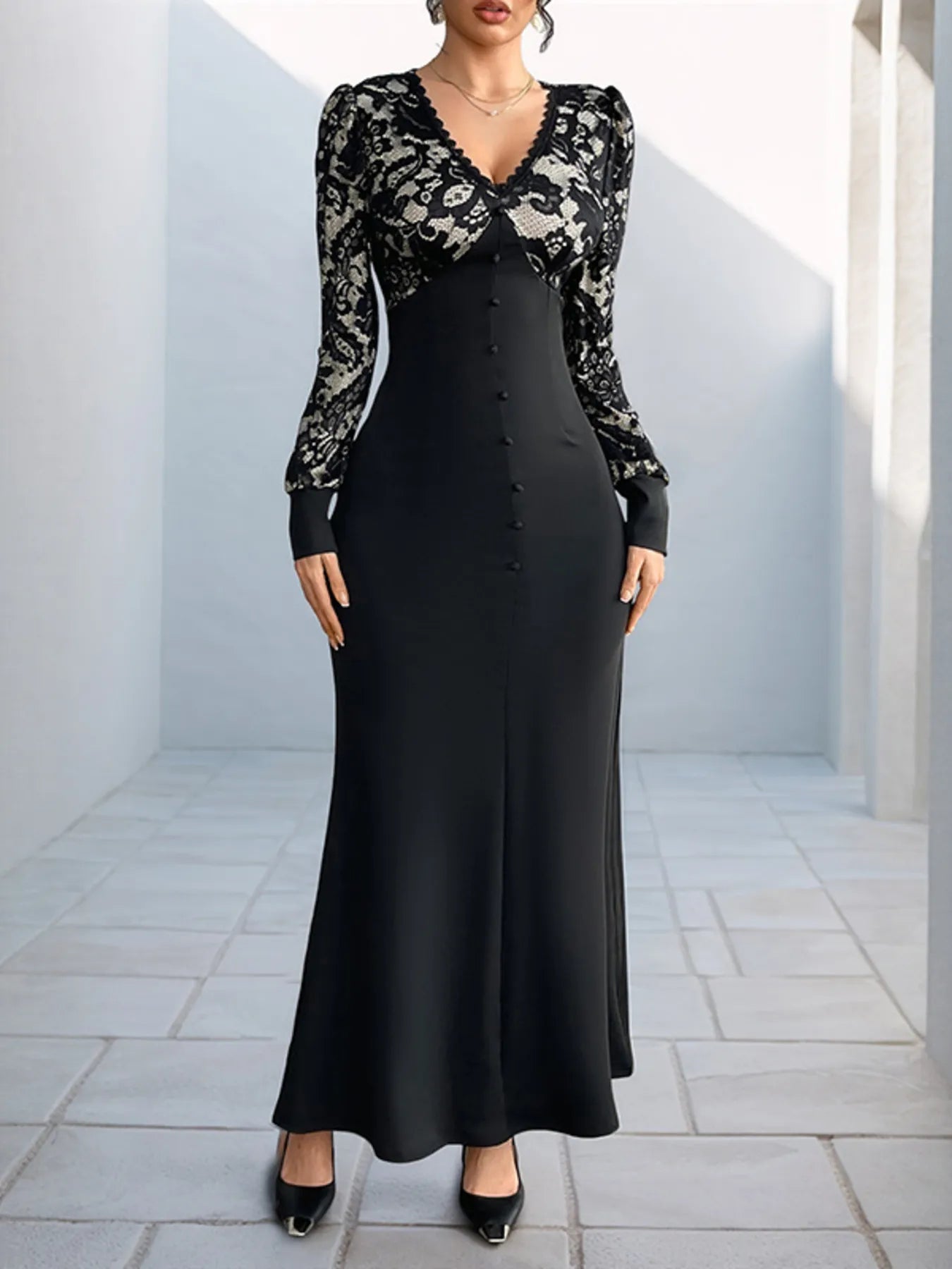 Lace V - Neck Long Sleeve Maxi Dress - MAD RUFFI