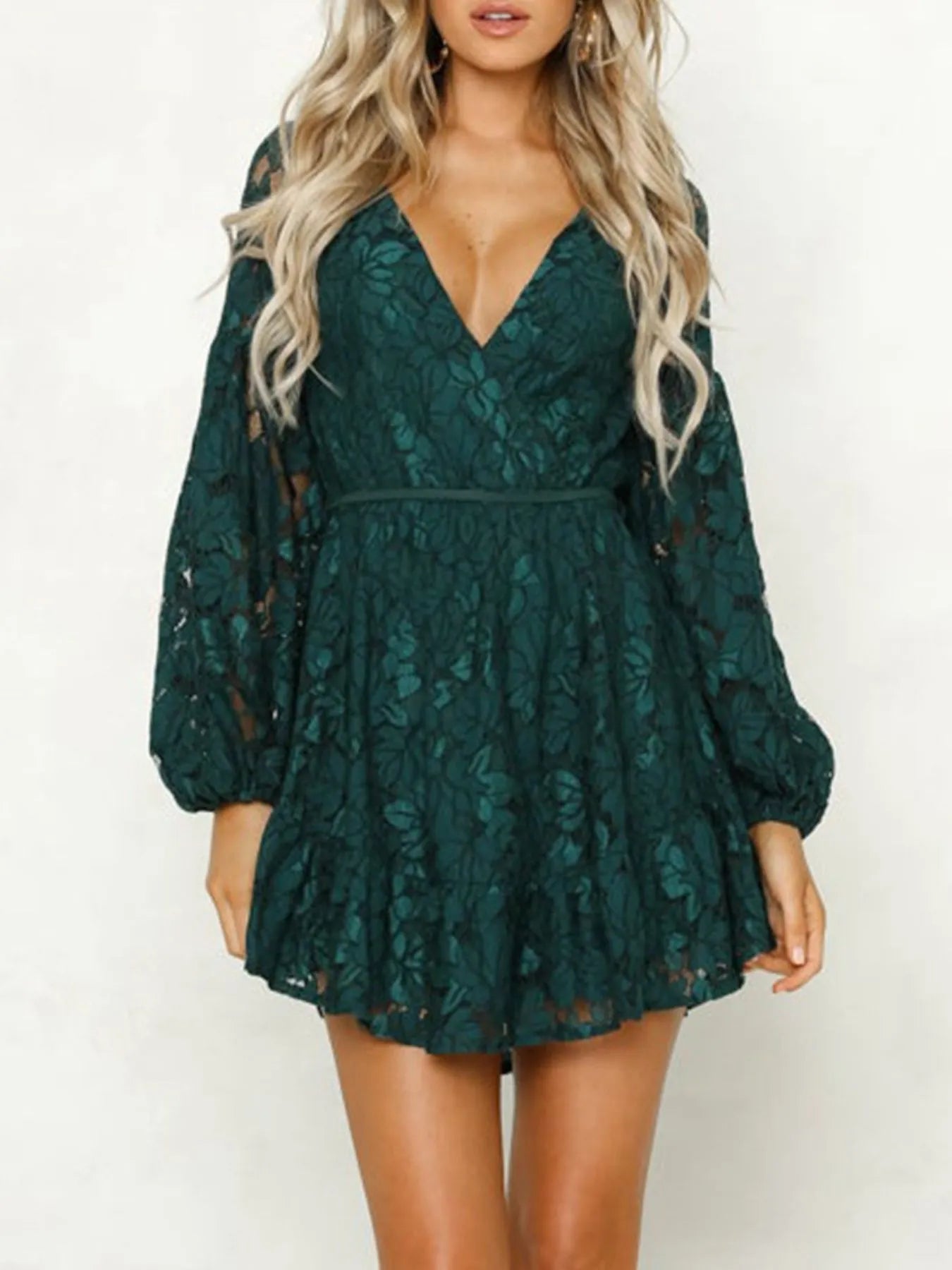 Lace V - Neck Long Sleeve Mini Dress - MAD RUFFI