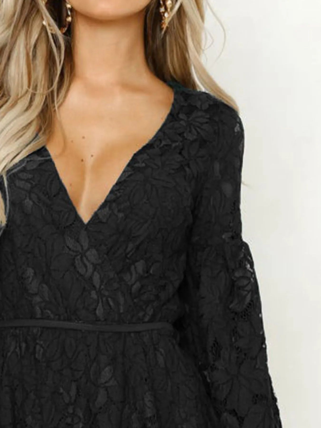 Lace V - Neck Long Sleeve Mini Dress - MAD RUFFI