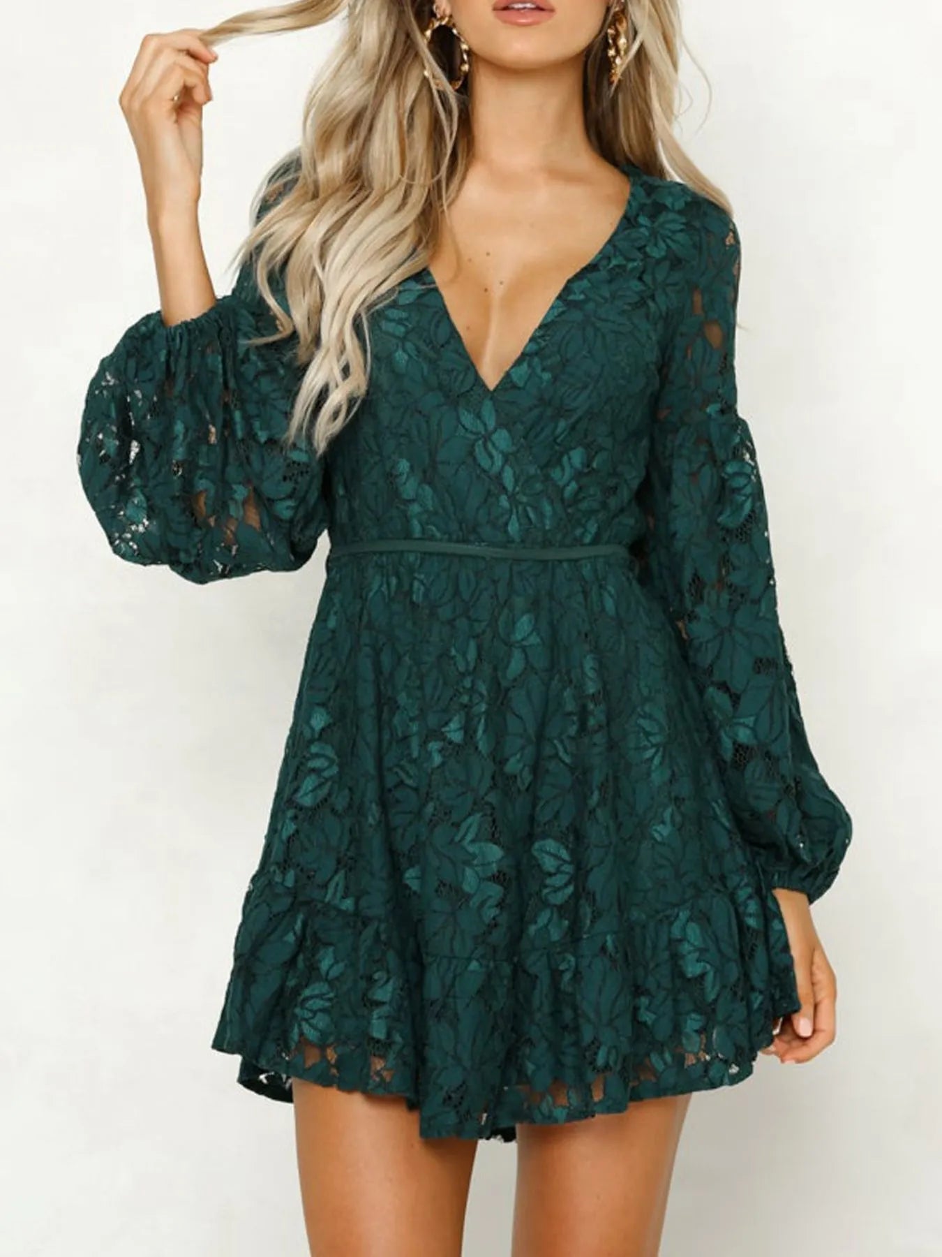 Lace V - Neck Long Sleeve Mini Dress - MAD RUFFI