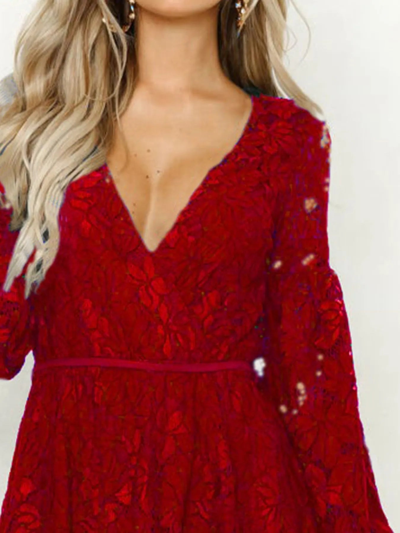 Lace V - Neck Long Sleeve Mini Dress - MAD RUFFI