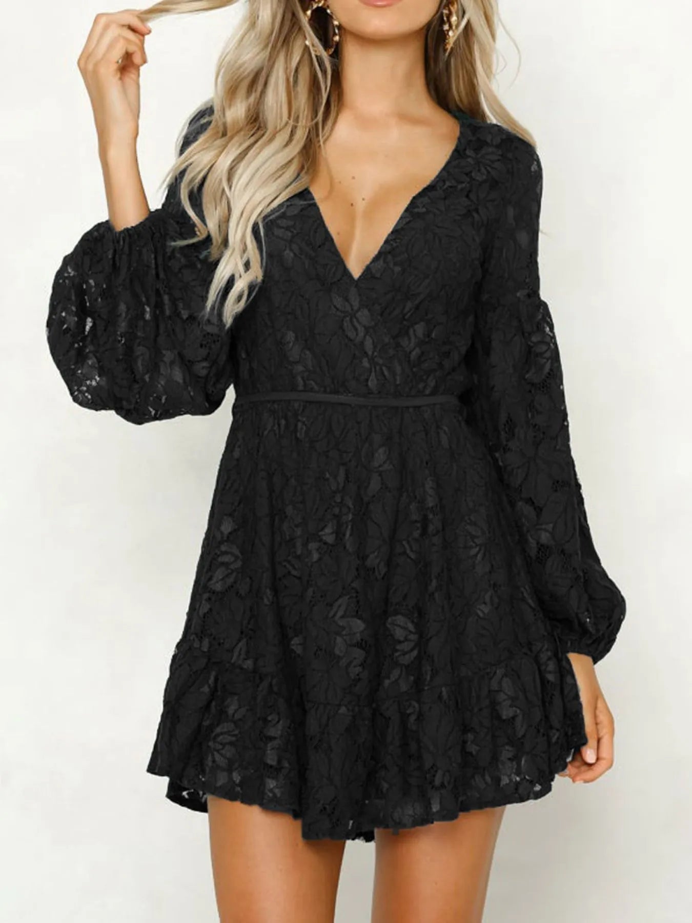 Lace V - Neck Long Sleeve Mini Dress - MAD RUFFI