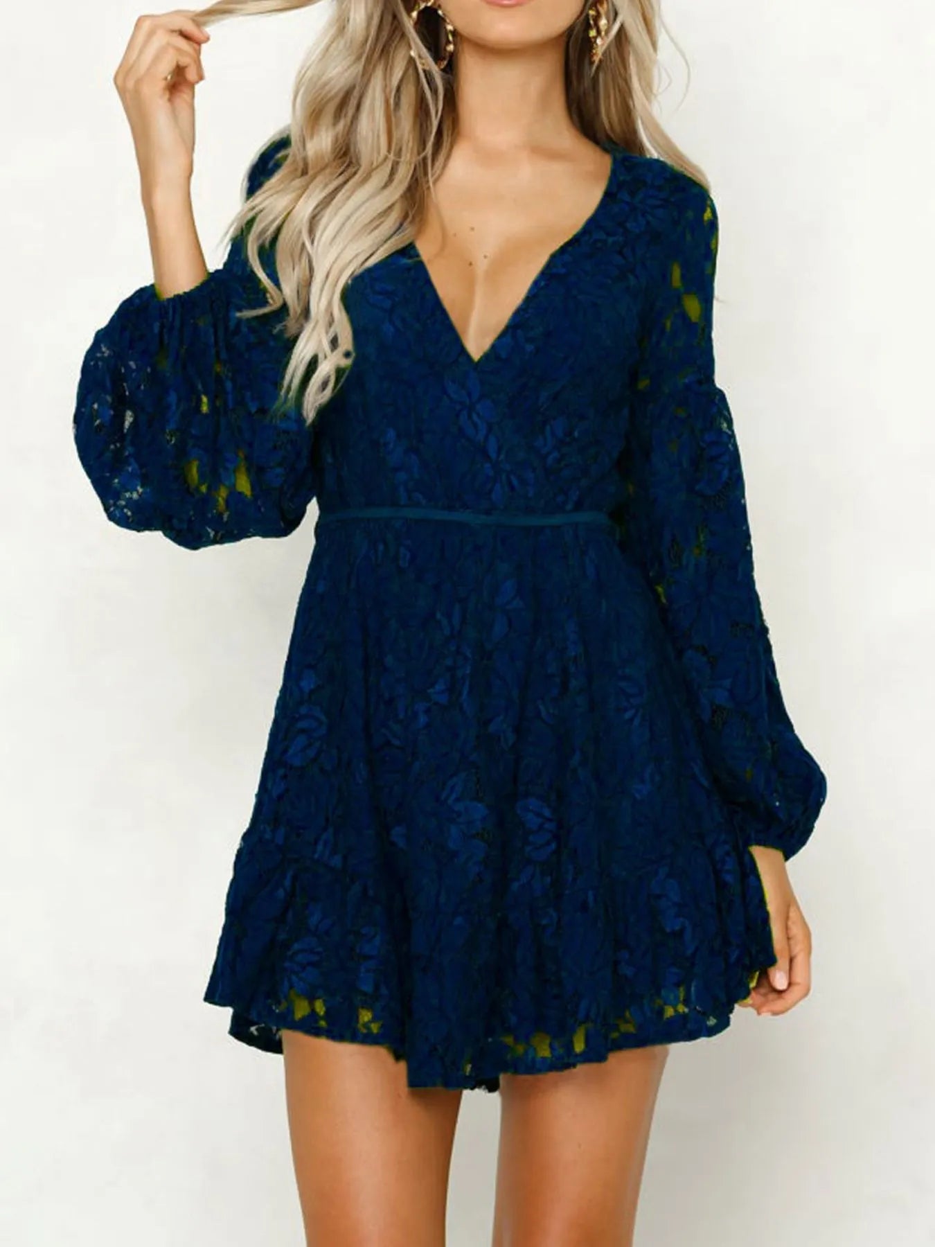 Lace V - Neck Long Sleeve Mini Dress - MAD RUFFI