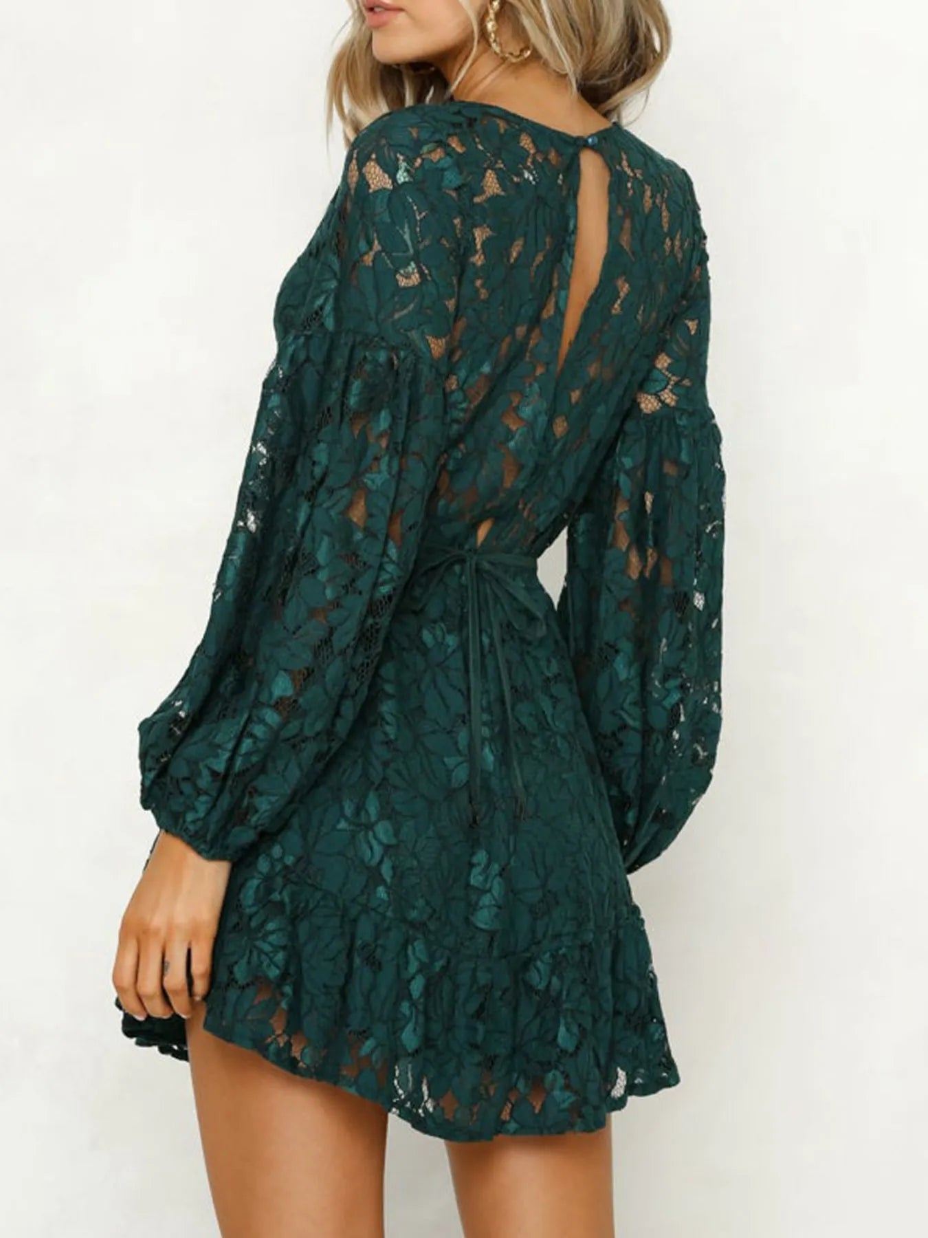 Lace V - Neck Long Sleeve Mini Dress - MAD RUFFI