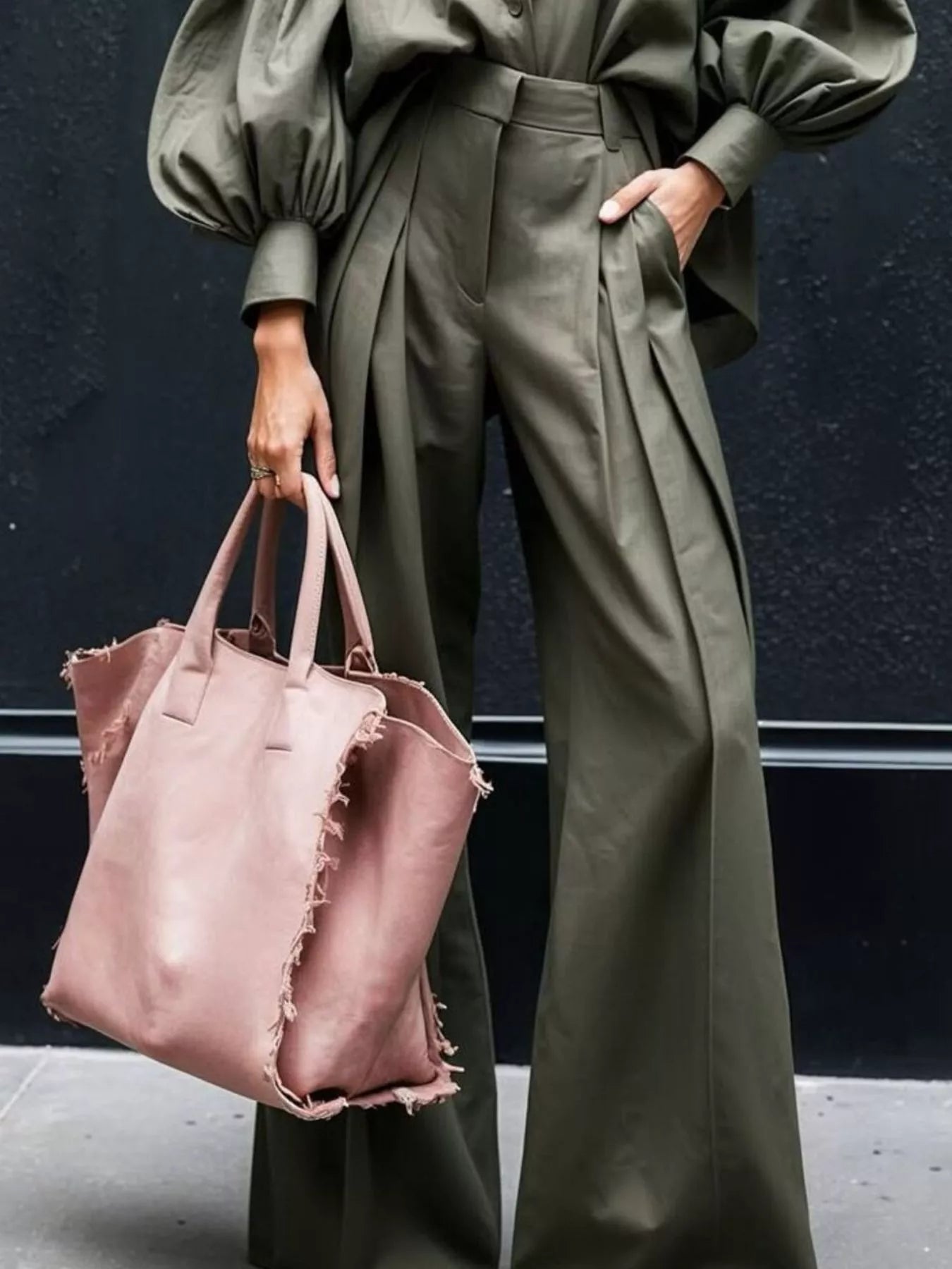 Lantern Sleeve Shirt and Wide Leg Pants Set - MAD RUFFI