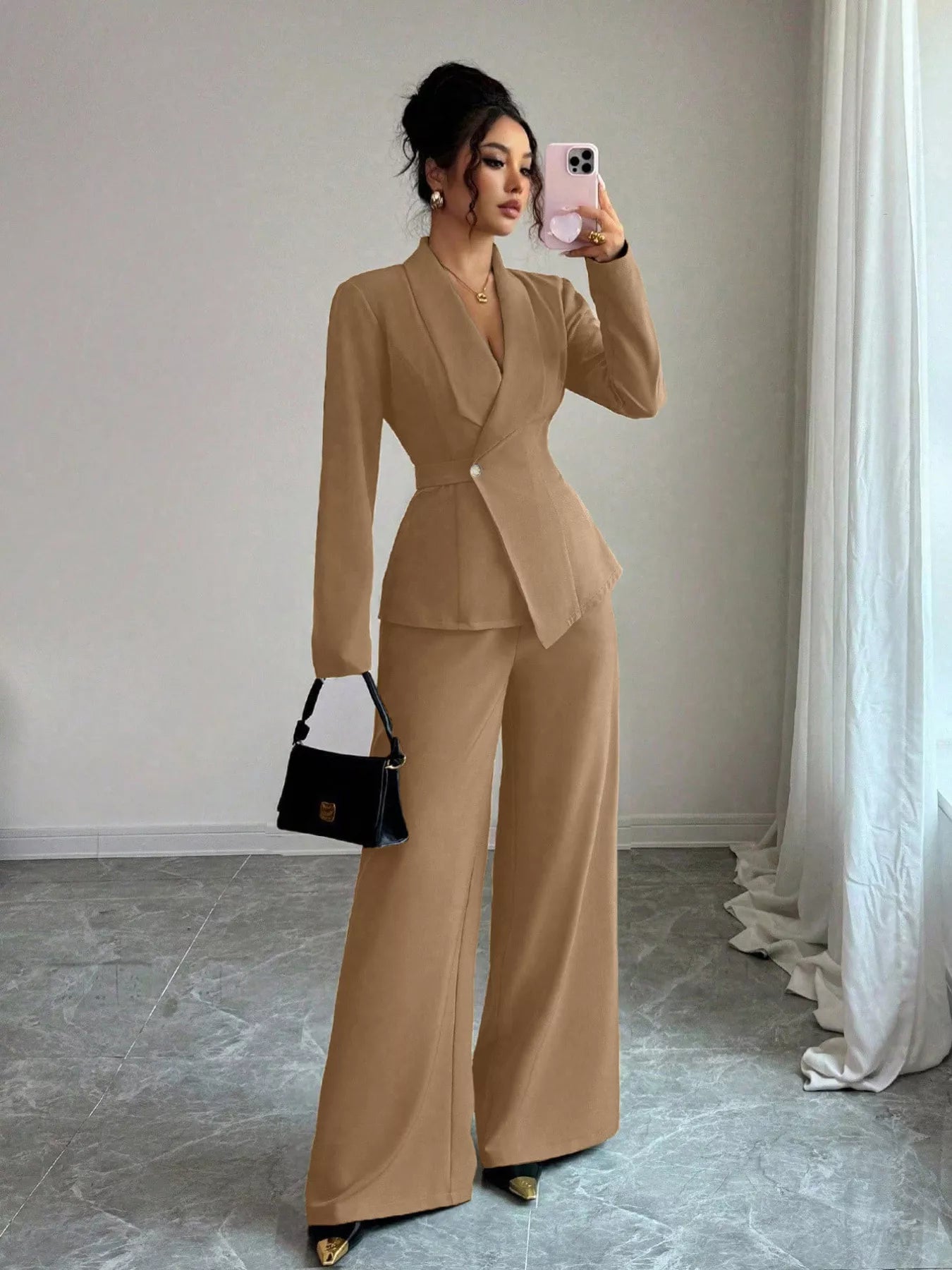 Lapel Collar Blazer & Wide Leg Pants Set - MAD RUFFI