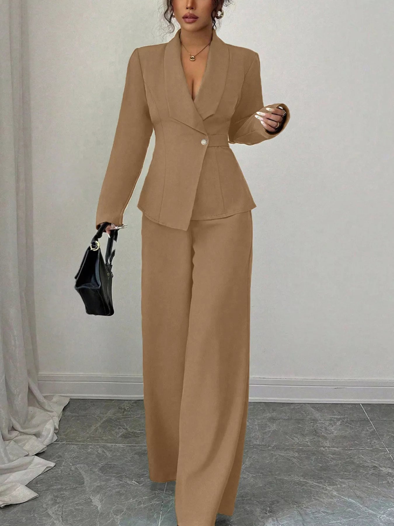 Lapel Collar Blazer & Wide Leg Pants Set - MAD RUFFI