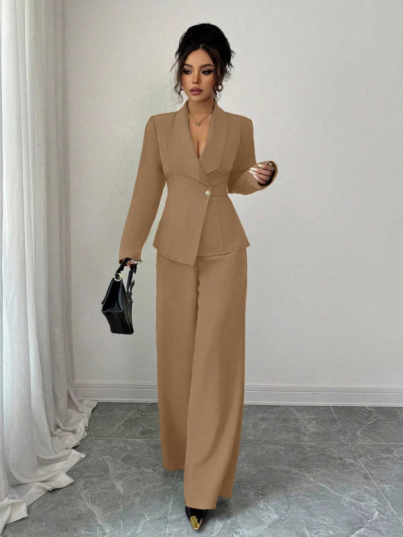 Lapel Collar Blazer & Wide Leg Pants Set - MAD RUFFI