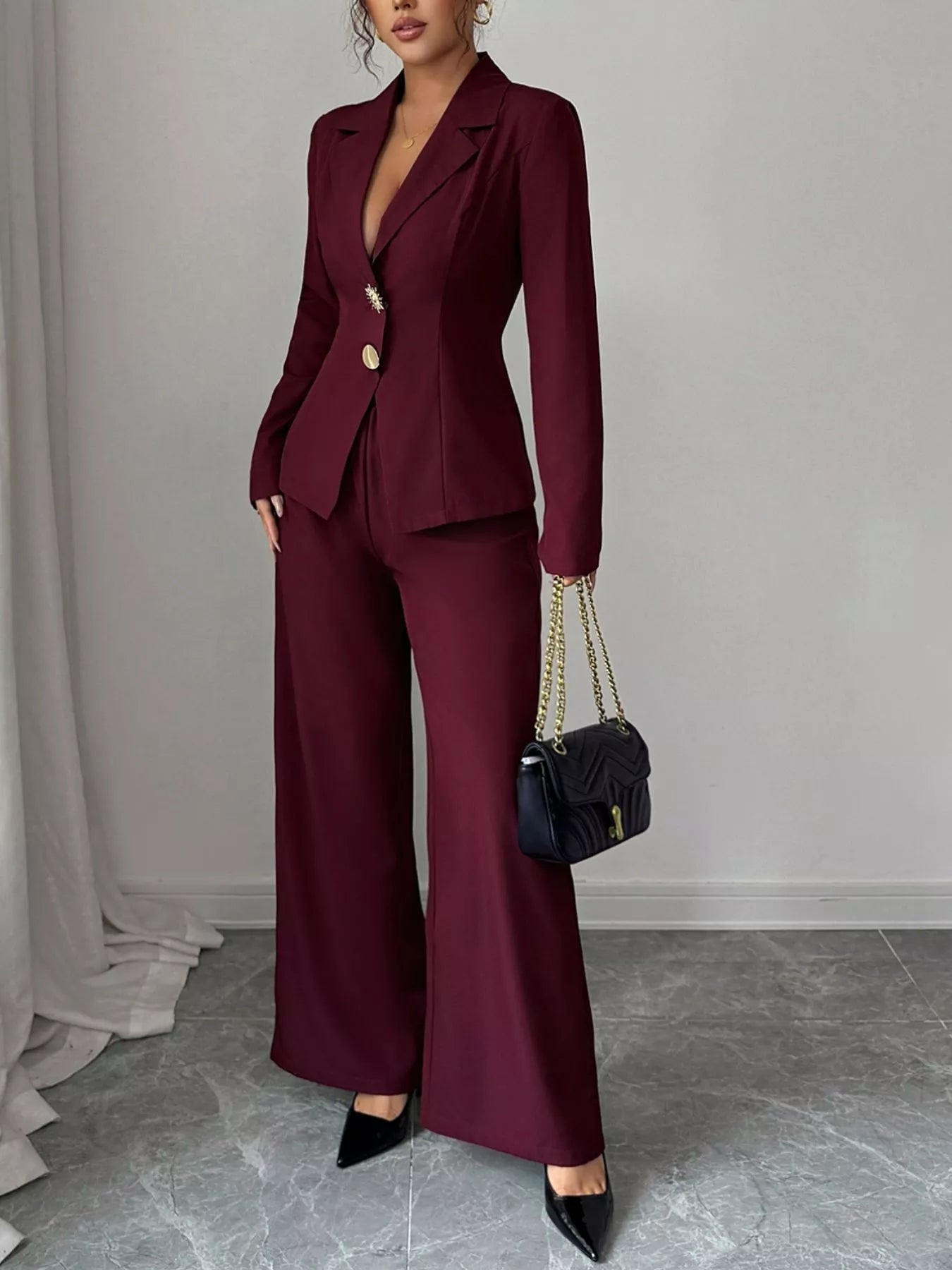 Lapel Collar Blazer & Wide Leg Pants Set - MAD RUFFI