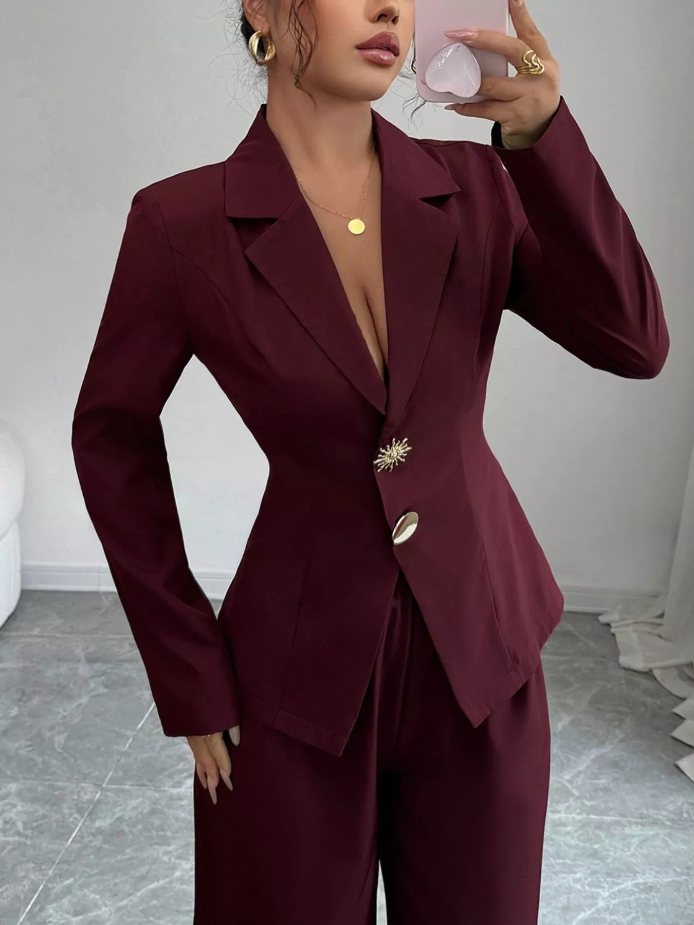 Lapel Collar Blazer & Wide Leg Pants Set - MAD RUFFI